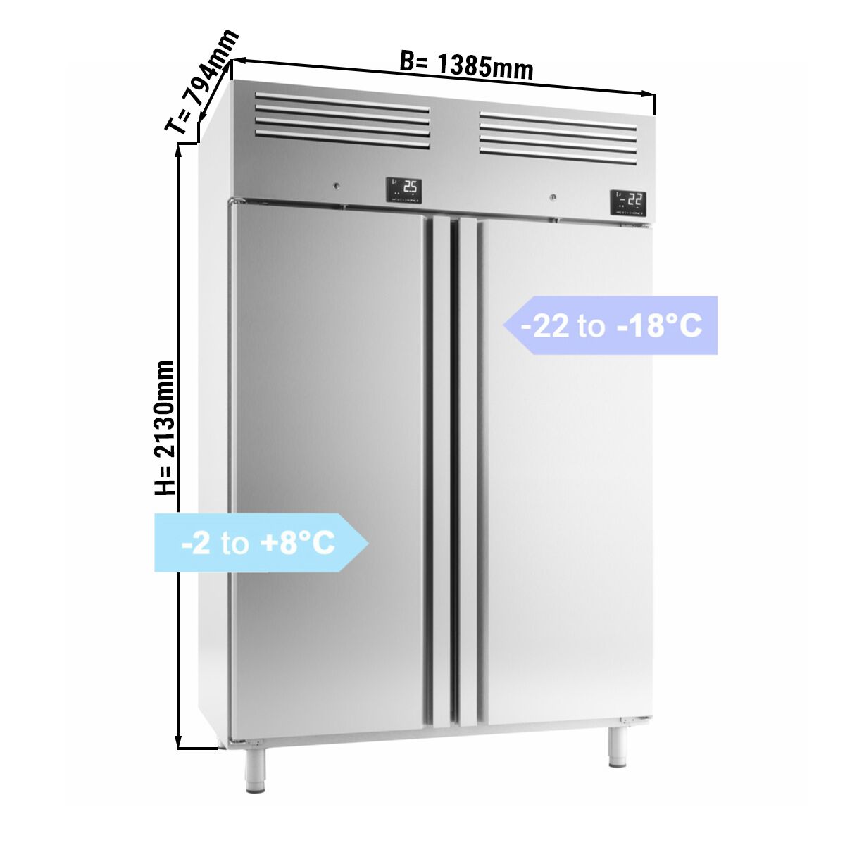 Fridge Freezer Combination Stainless steel PREMIUM PLUS - GN 2/1 - 1220L - with 2 doors
