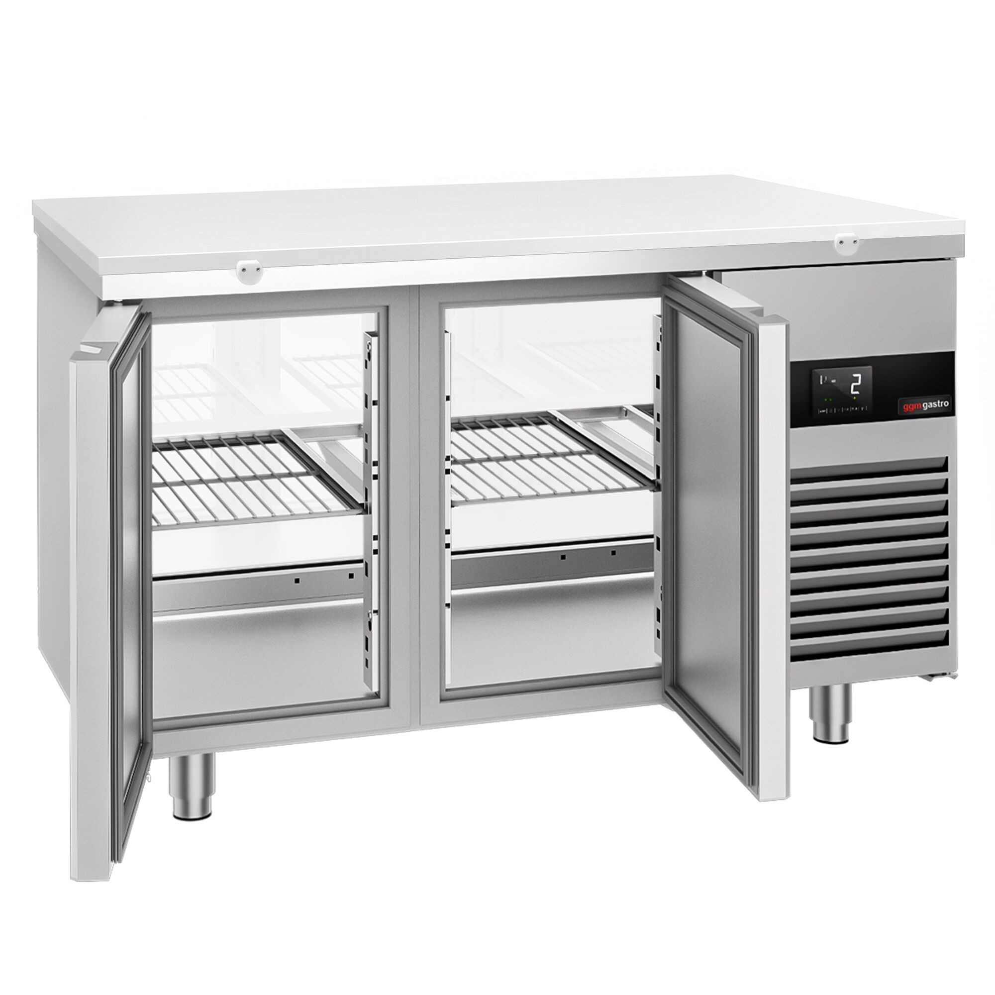 Refrigerated Counter – 1400 × 700 mm – Rear Side with 2 Doors – Glass Front – incl. White Cutting Board