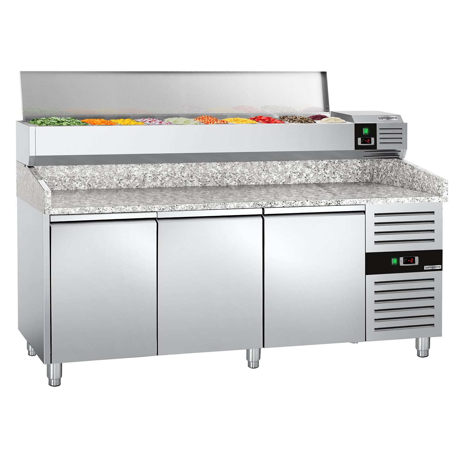 Table réfrigérée à pizza PREMIUM - 2000 x 800 mm - avec 3 portes - incl. vitrine réfrigérée - 9 x GN 1/3