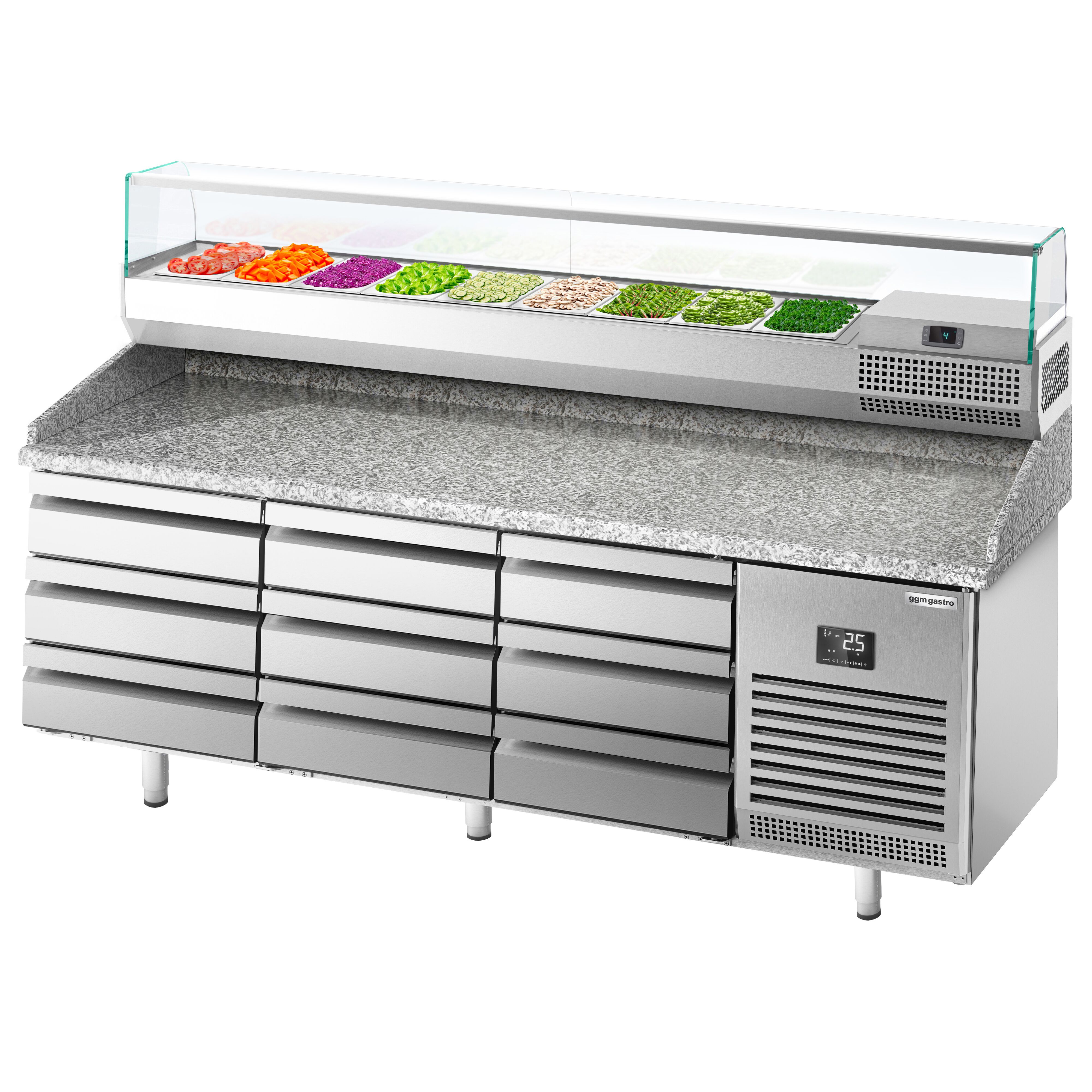 Table réfrigérée à pizza Premium PLUS - 1980x700 mm - avec 9 tiroirs - incl. vitrine réfrigérée - 9x GN 1/4