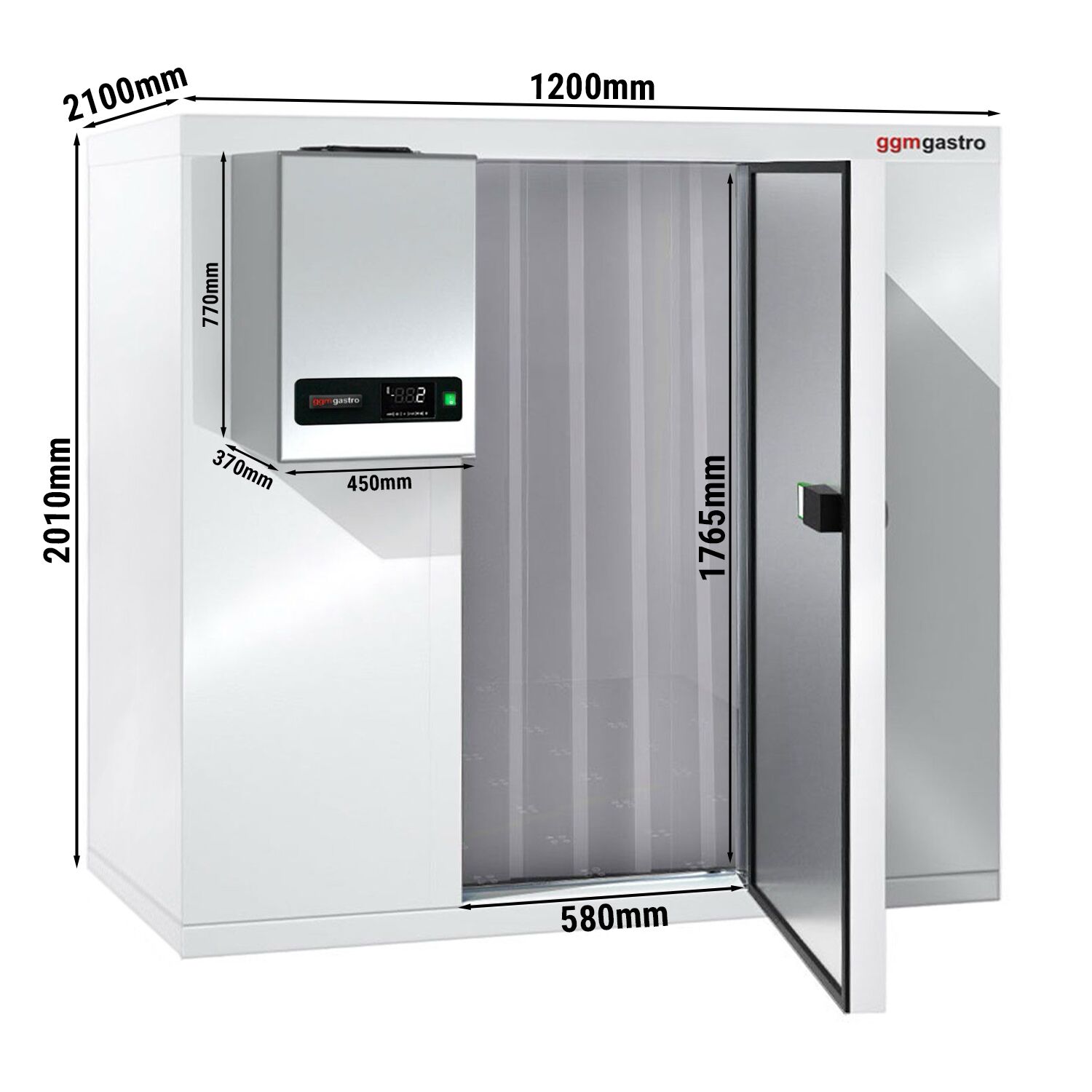 Chambre de congélation – 1200 × 2100 mm – 3,2 m³ – avec groupe de congélation et rideaux à lamelles inclus
