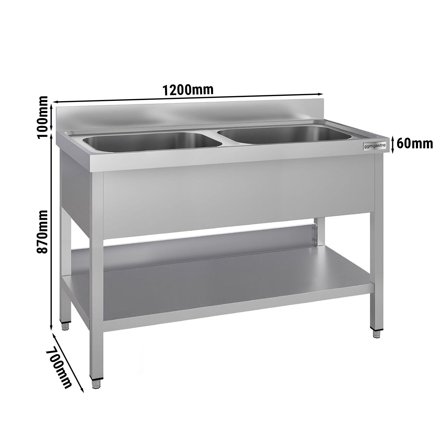 Plonge en inox ECO - 1200x700mm - avec étagère basse - 2 bacs au centre