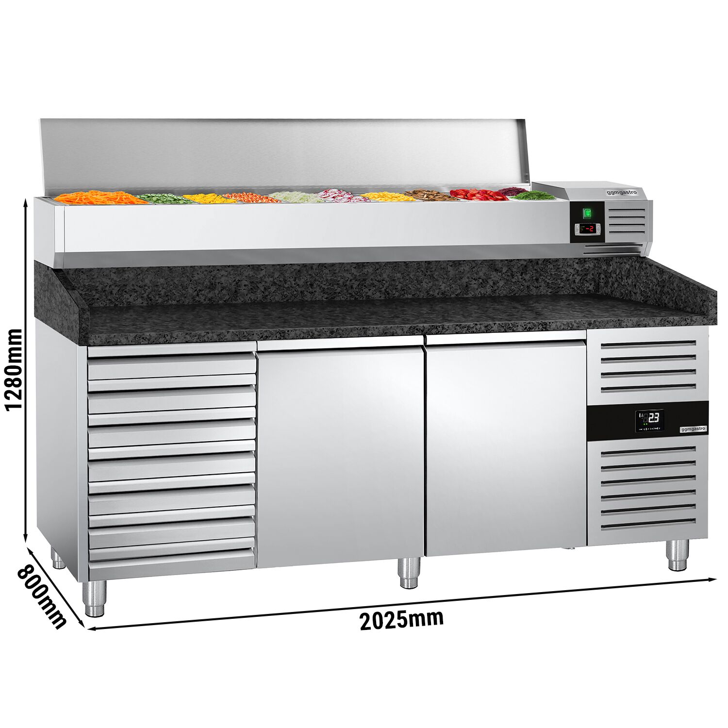 Table réfrigérée à pizza PREMIUM - 2000x800 mm - avec 2 portes & 7 tiroirs - incl. vitrine réfrigérée - 9x GN 1/3