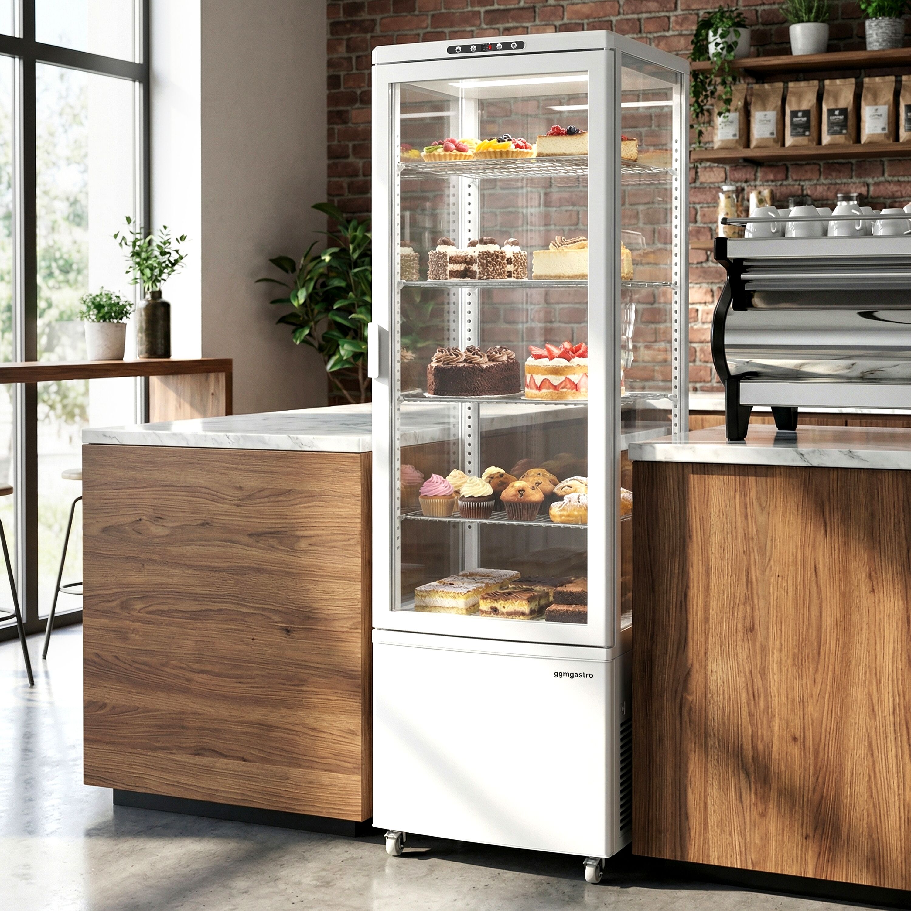 Vitrine réfrigérée 4 faces vitrées / Vitrine panoramique – 235 litres – 1 porte en verre – 4 étagères – Blanc