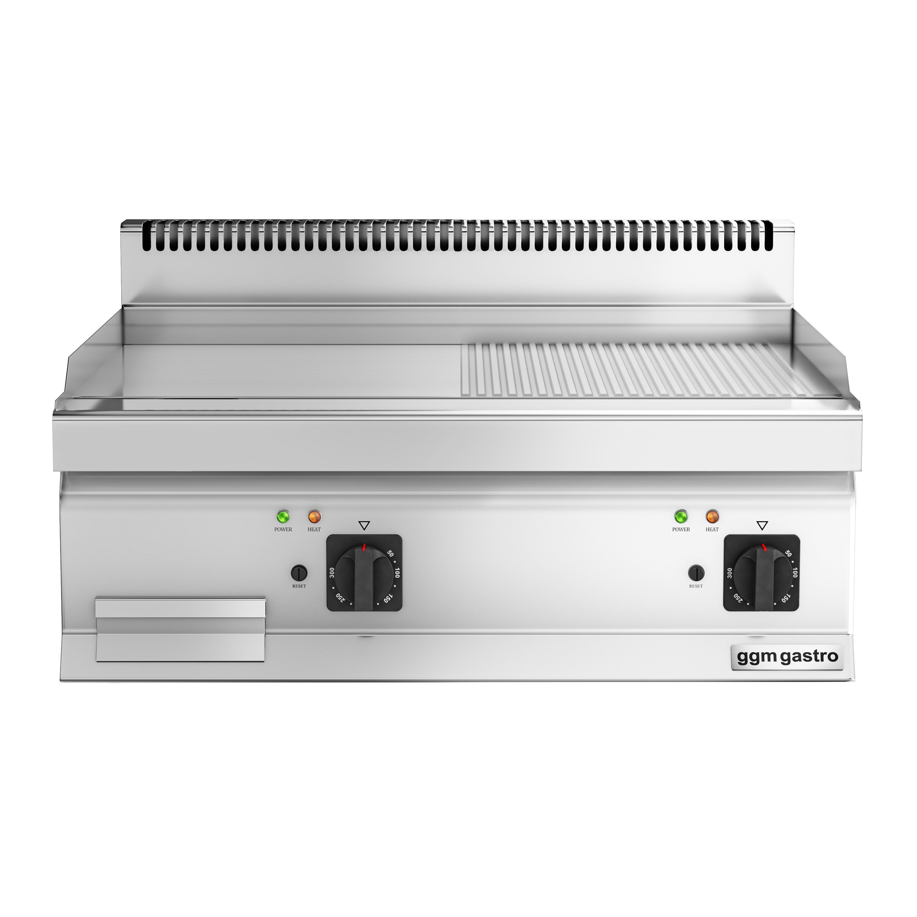 Plancha électrique - plaque acier - 2 zones - 7,10 kW - 1/2 lisse, 1/2 rainurée - Surface de cuisson : 800x700mm
