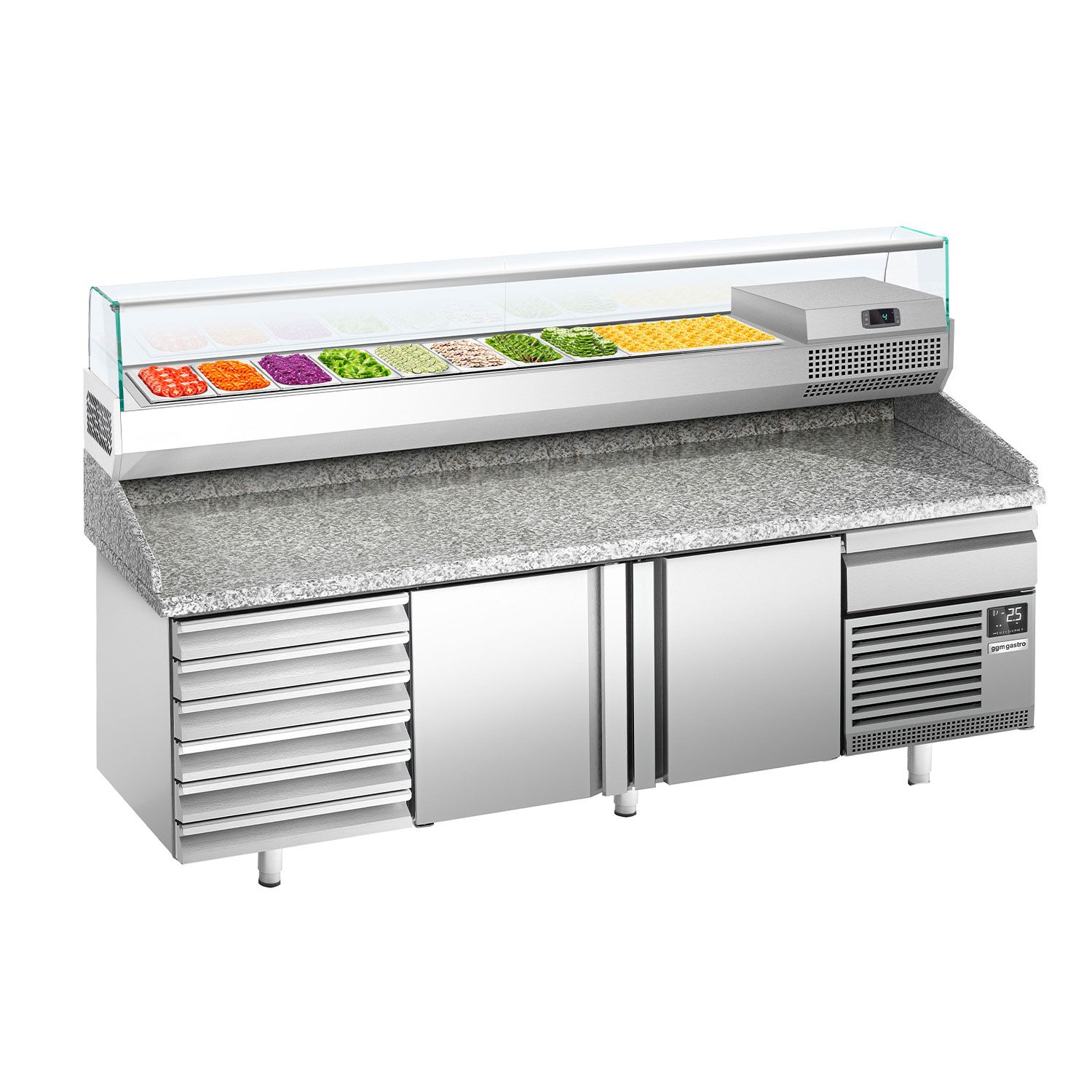 Table réfrigérée à pizza Premium PLUS - 2305 x 800 mm - avec 2 portes & 7 tiroirs - incl. vitrine réfrigérée de présentation - 10x GN 1/3