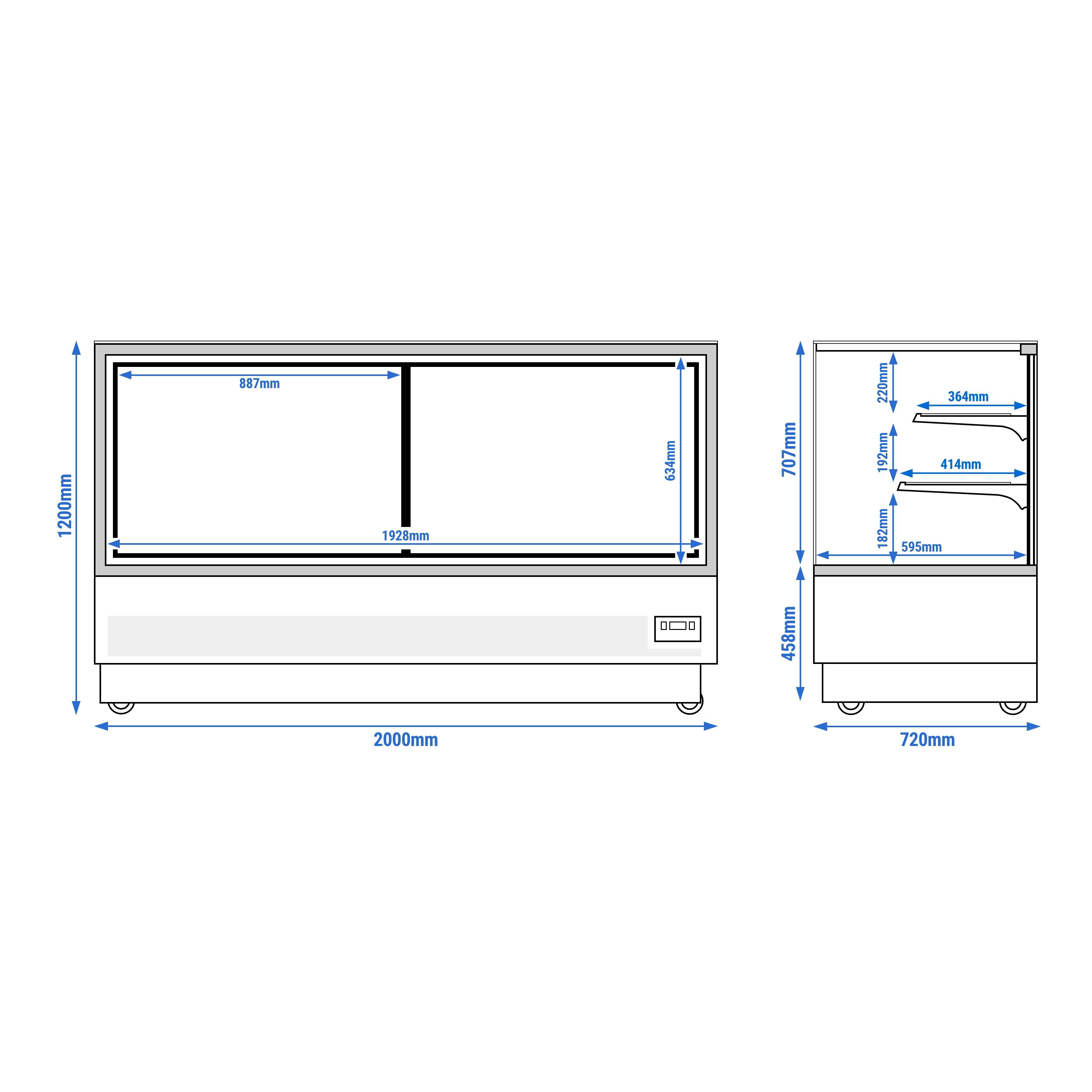 Vetrina pasticceria refrigerata - 782l - 2000mm - Doppio vetro - con 2 ripiani - LED interni; schienale a specchio; porte posteriori scorrevoli - Nero