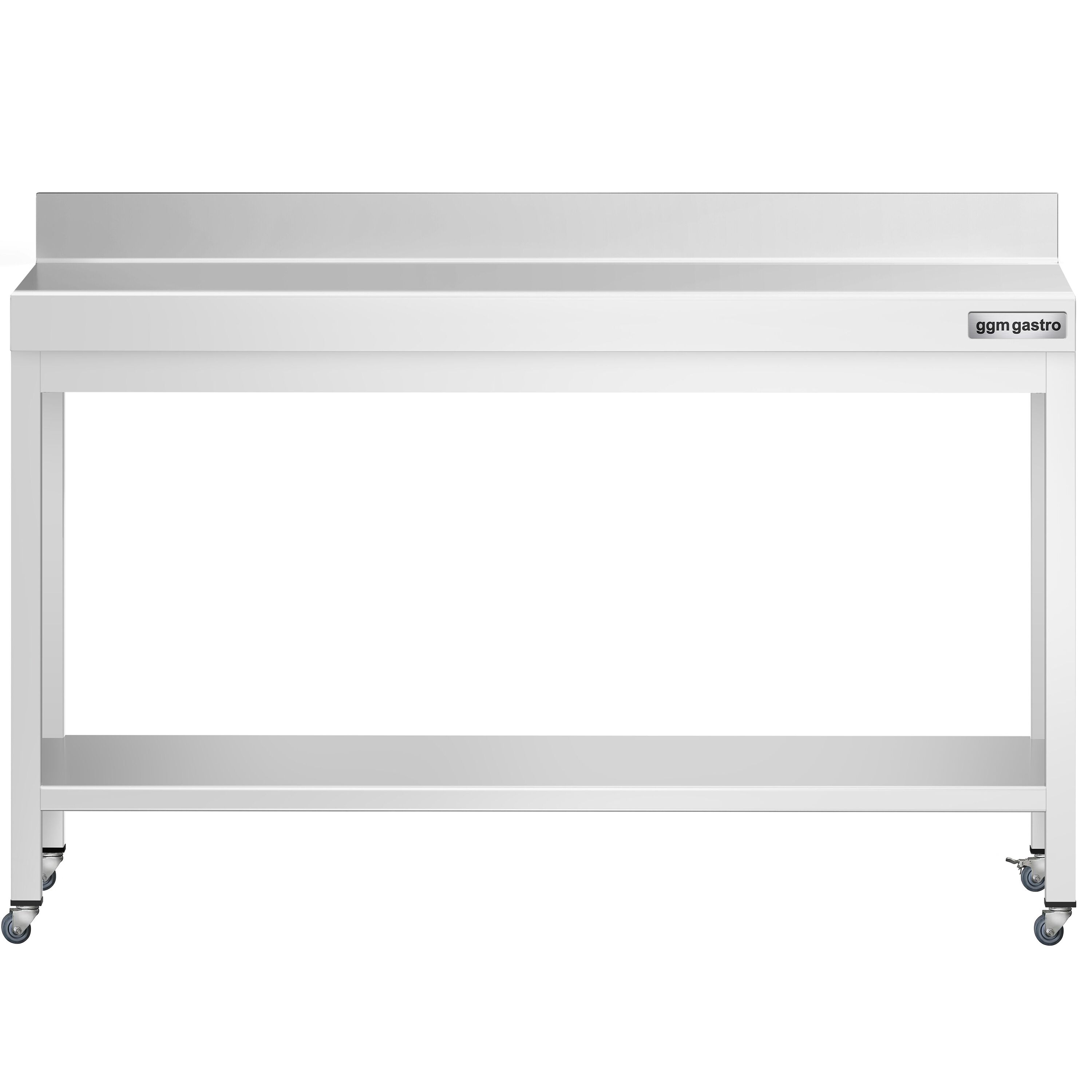 Table de travail en inox PREMIUM - 1500 x 800 mm - avec tablette inférieure, dosseret et roulettes