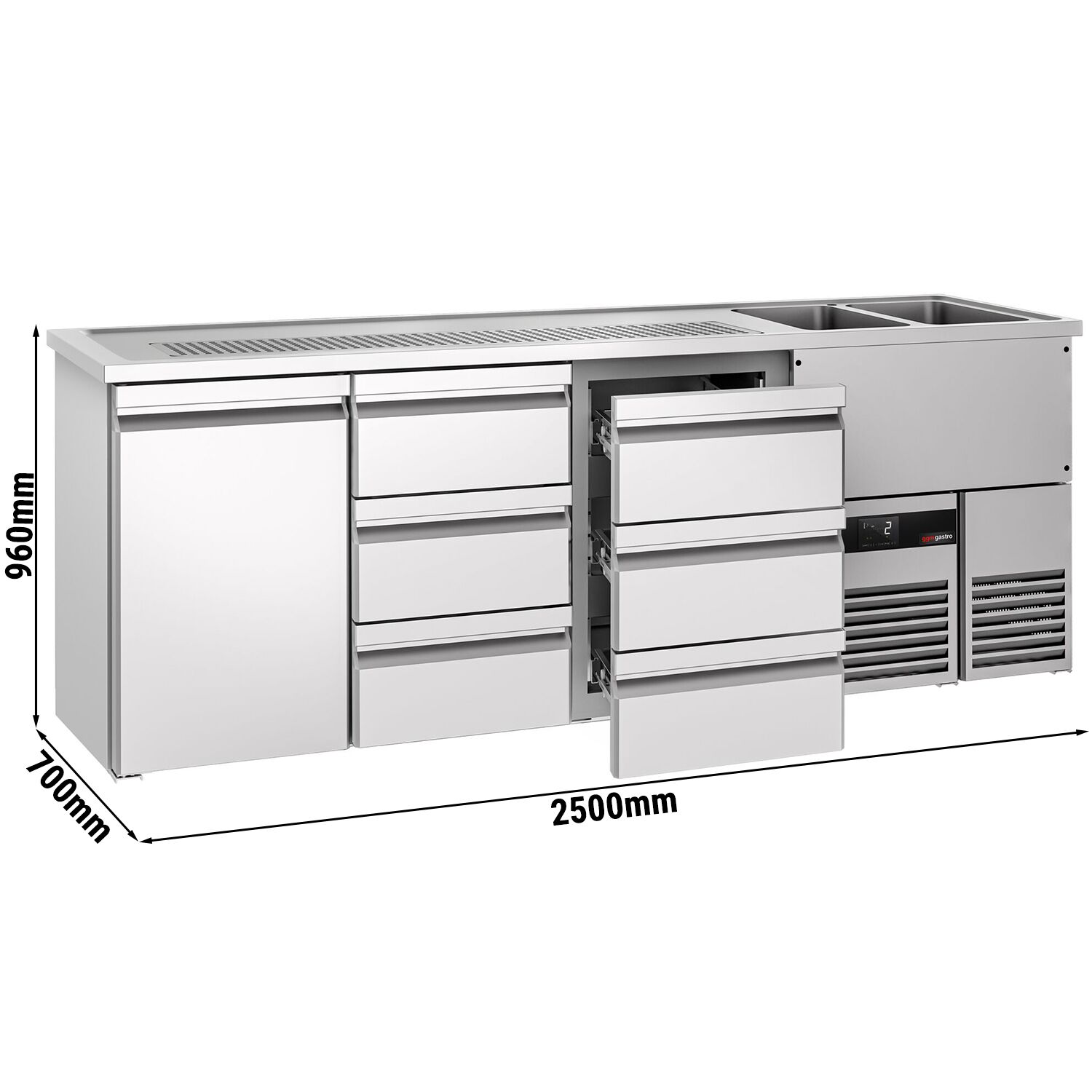 Comptoir de bar réfrigéré PREMIUM - 2500x700mm - 1 porte & 6 tiroirs