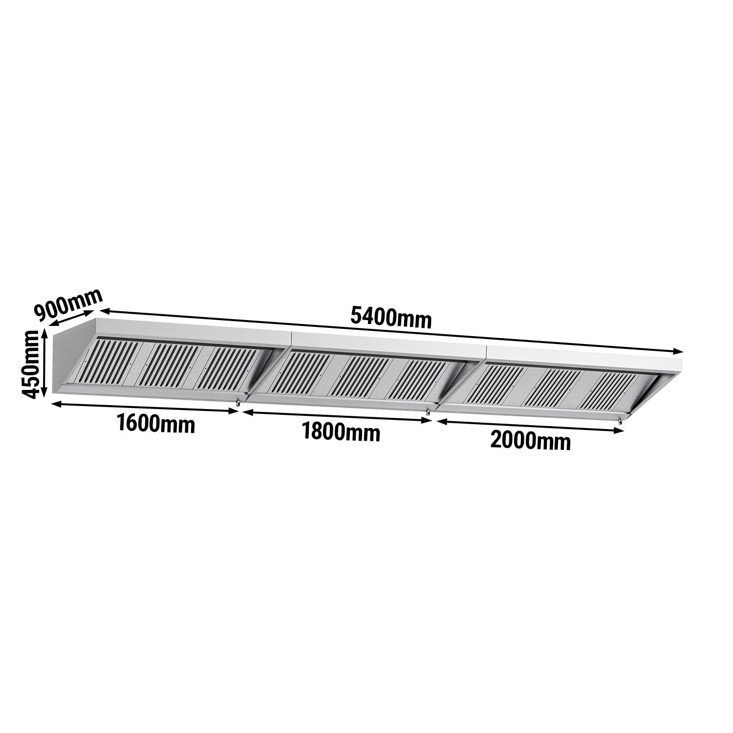 Commercial Wall-Mounted Extraction Canopy - 5400mm - with Grease Filters & LED Lighting