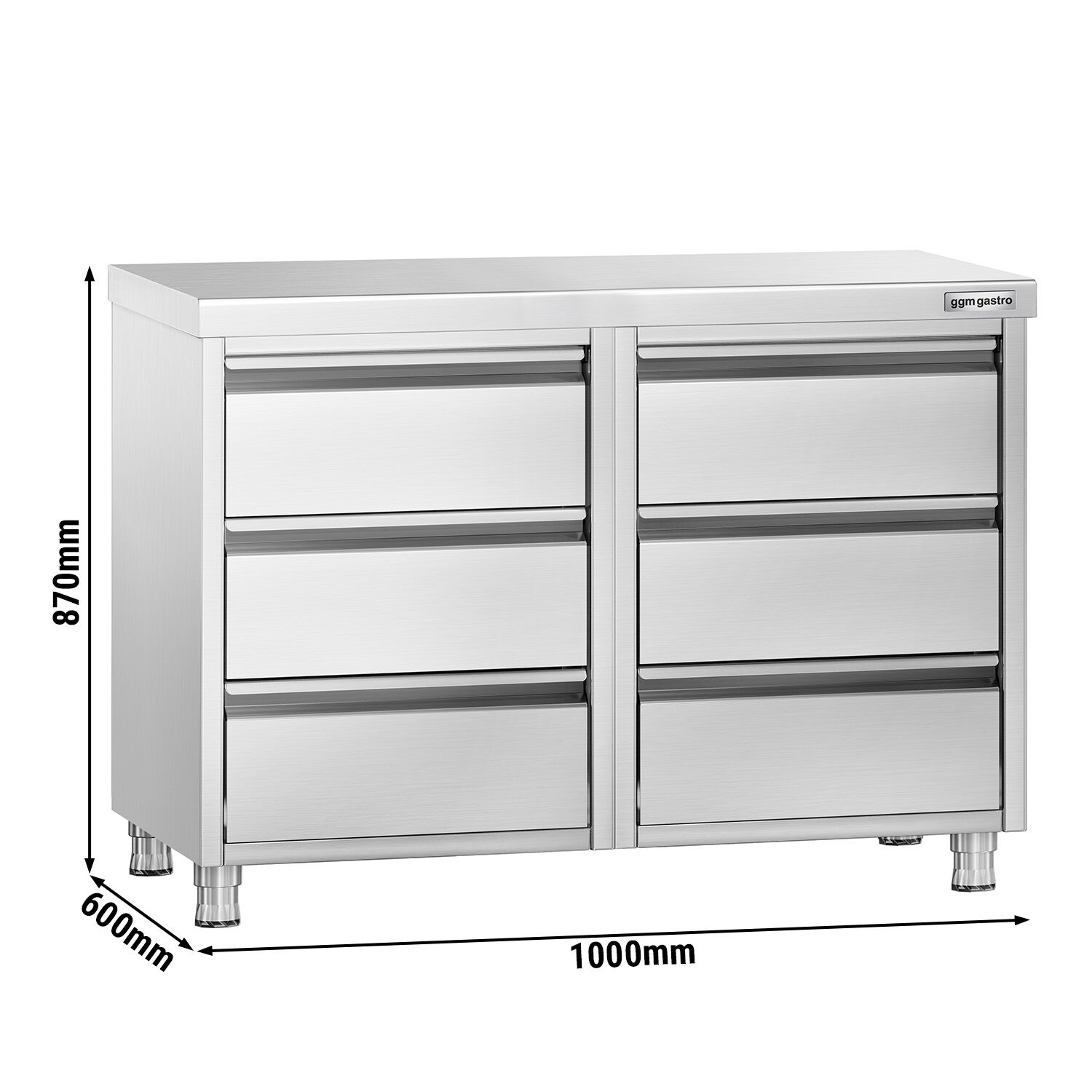 Meuble bas à tiroirs PREMIUM - Acier inoxydable - avec 6 tiroirs - 1000x600mm