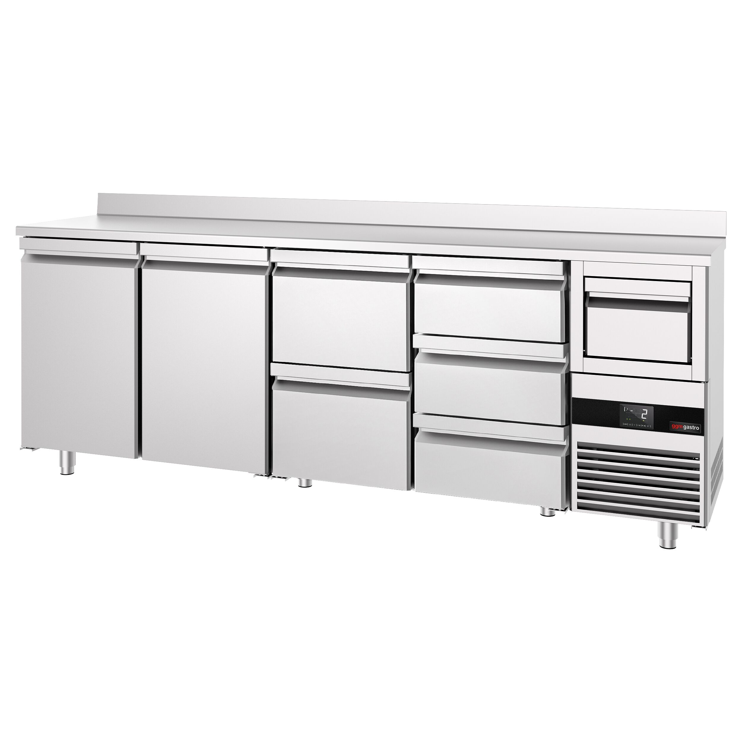 Arrière-bar réfrigéré professionnel PREMIUM - 2690 x 600 mm - avec 2 portes et 5 tiroirs - avec dosseret - avec tiroir à marc de café