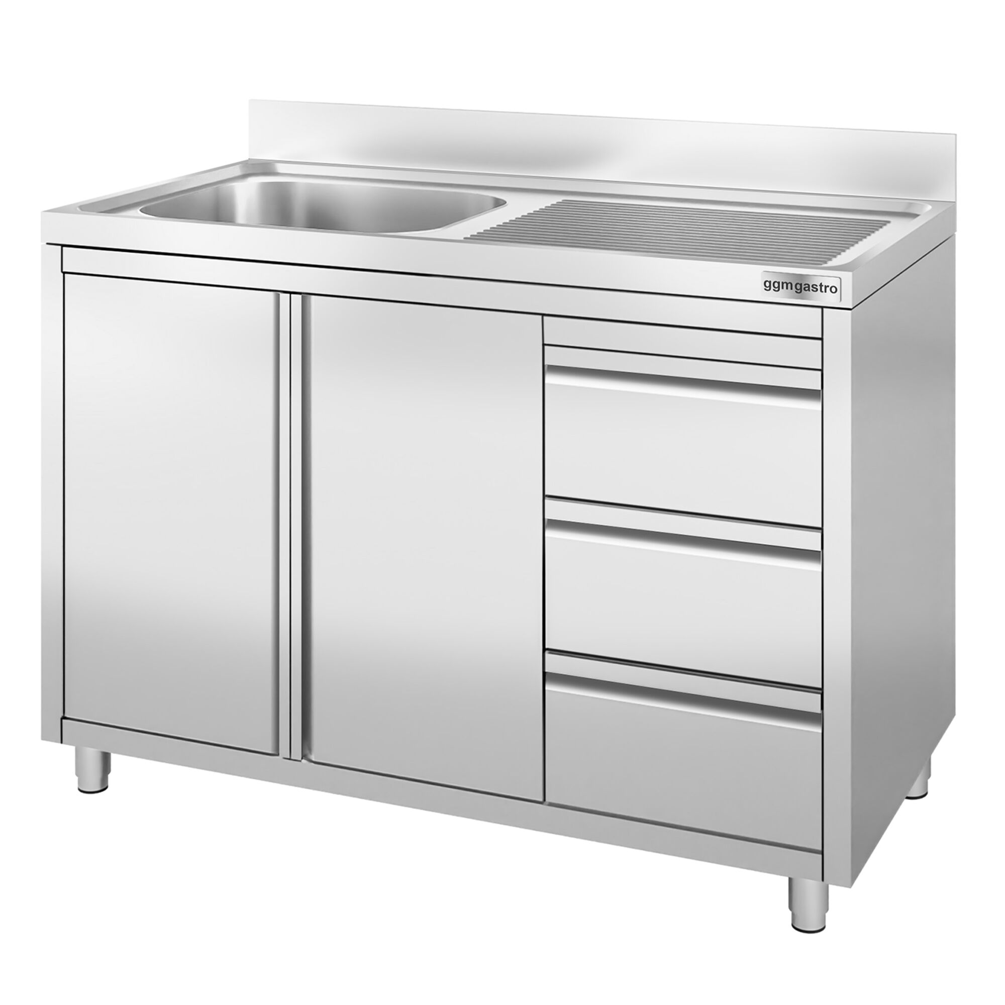 Commercial Sink Cabinet - Stainless Steel - 1200x700 - 3 Drawers - 1 Bowl Left
