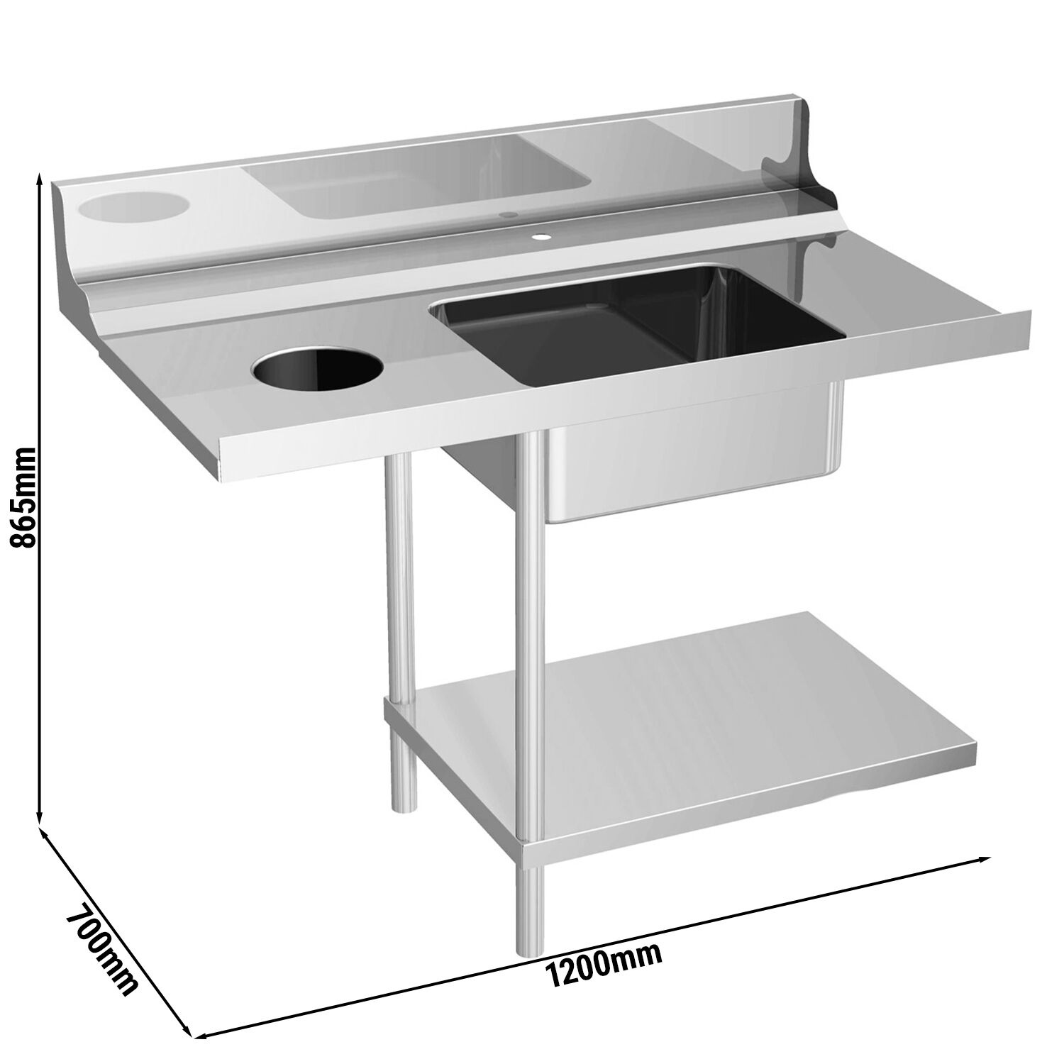 Table d’entrée pour lave-vaisselle - 1200mm - Montage à gauche - avec 1 bac & goulotte à déchets - pour DS430 Série