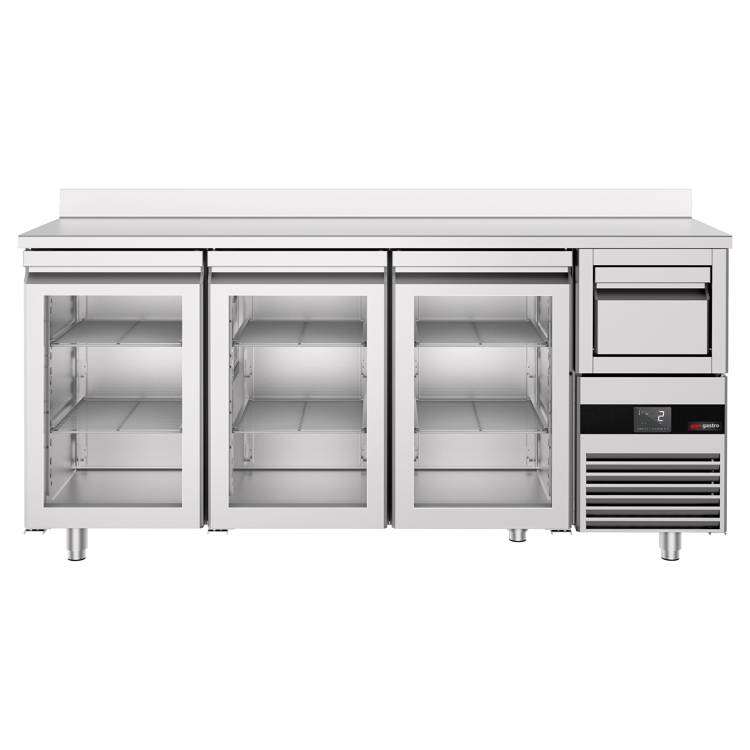 Commercial Back Bar Bottle Cooler PREMIUM - 2140x600x1150mm - with 3 Hinged Glass Doors, upstand & knock box for coffee - 632L