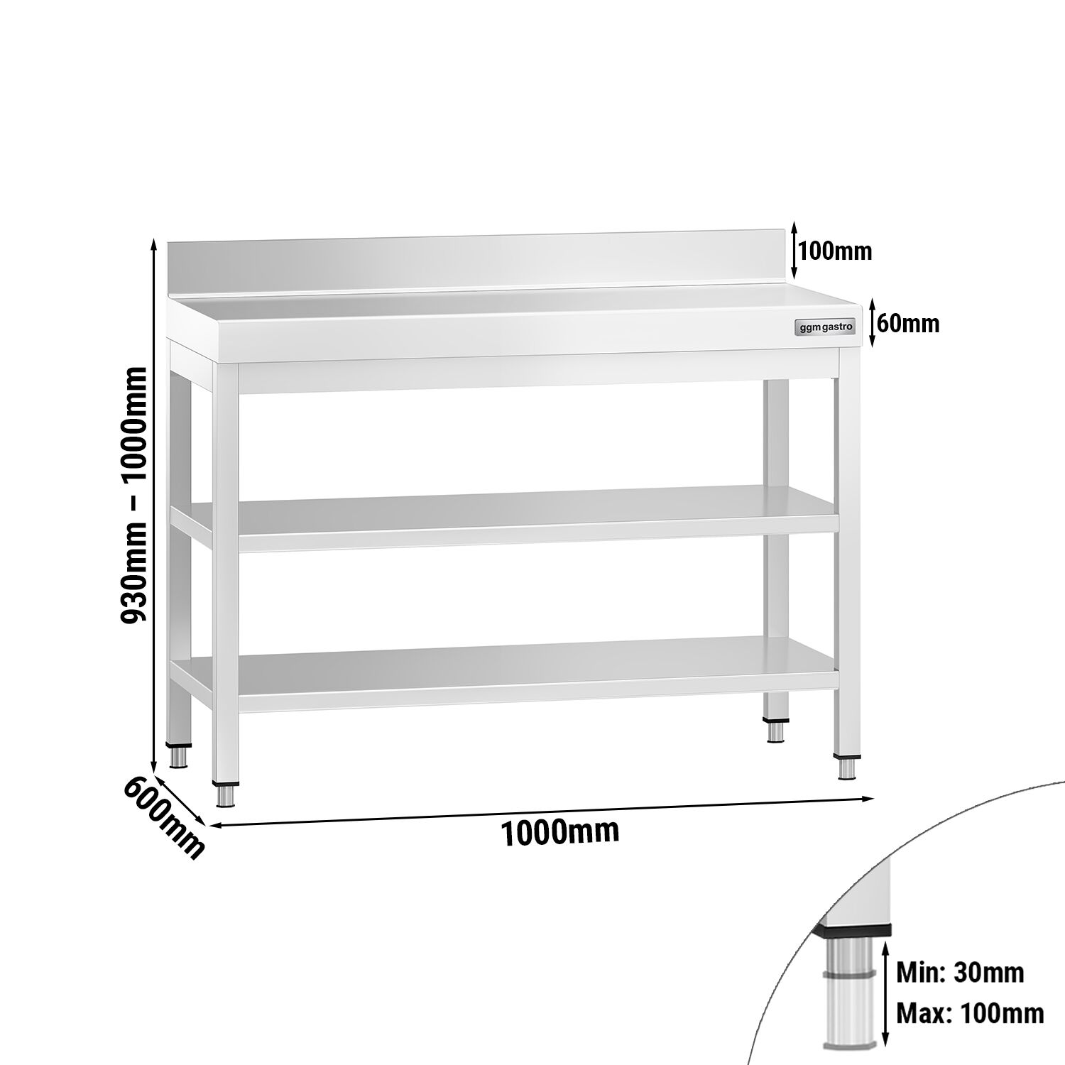Table de travail inox PREMIUM - 1000 x 600 mm - avec tablette inférieure, Dosseret & Tablette intermédiaire