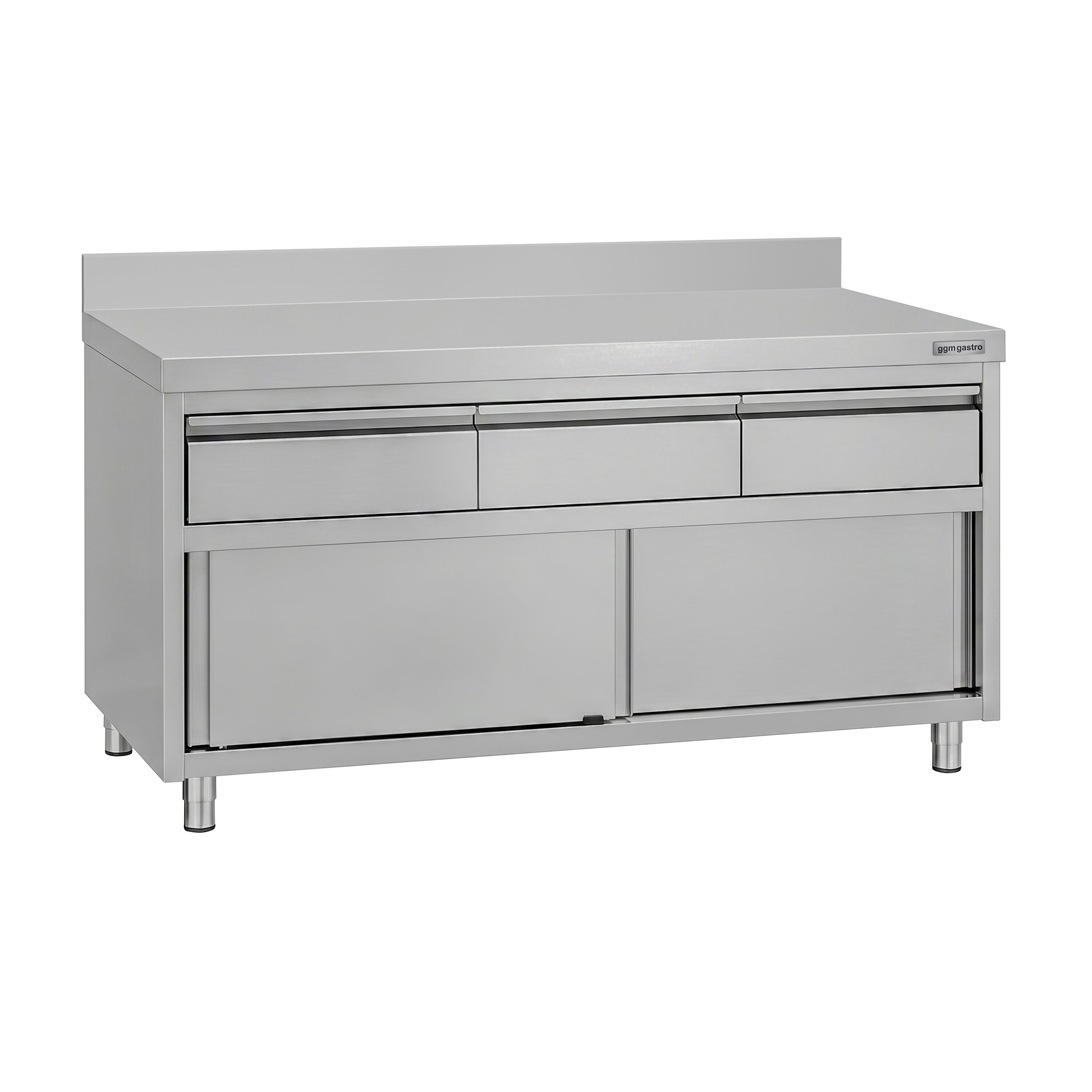 Armoire de travail en acier inoxydable ECO - 1600 x 600 mm - avec rebord - avec 3 tiroirs et une porte coulissante