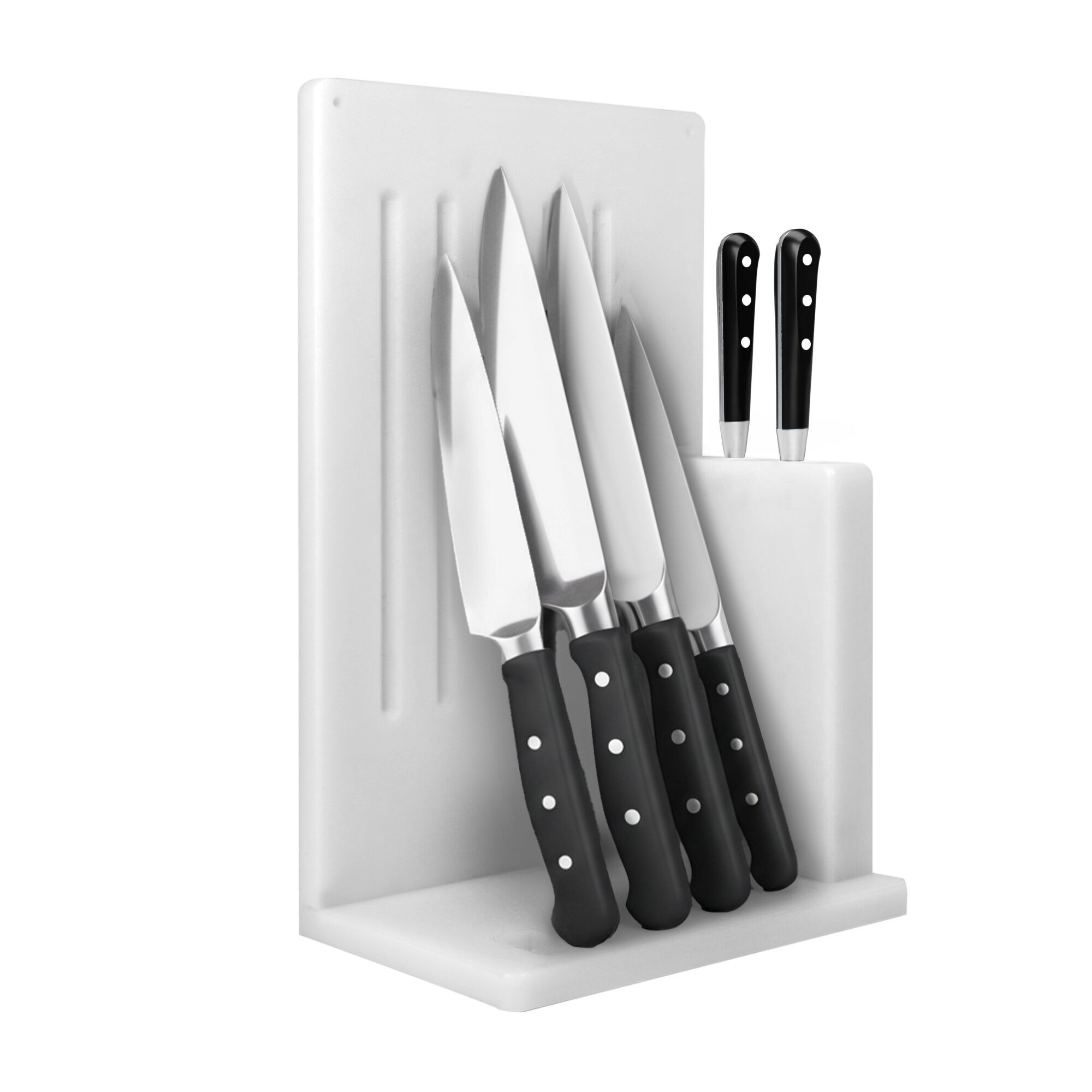 Support pour couteaux - Pour 5 couteaux et 2 aiguiseurs pour couteaux - Polyéthylène - 301x501x202mm - Blanc