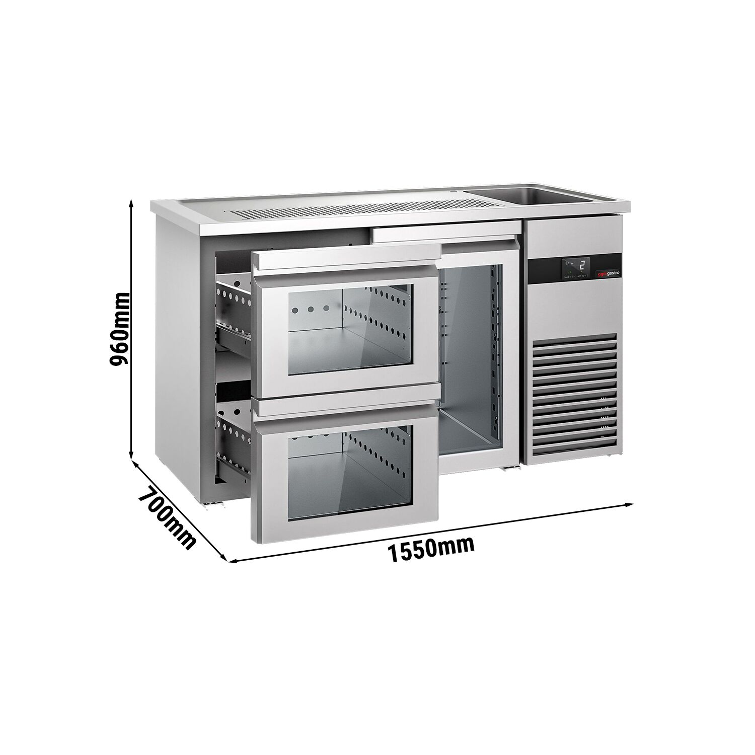 Comptoir de bar réfrigéré PREMIUM - 1550x700mm - 1 porte en verre et 2 tiroirs en verre