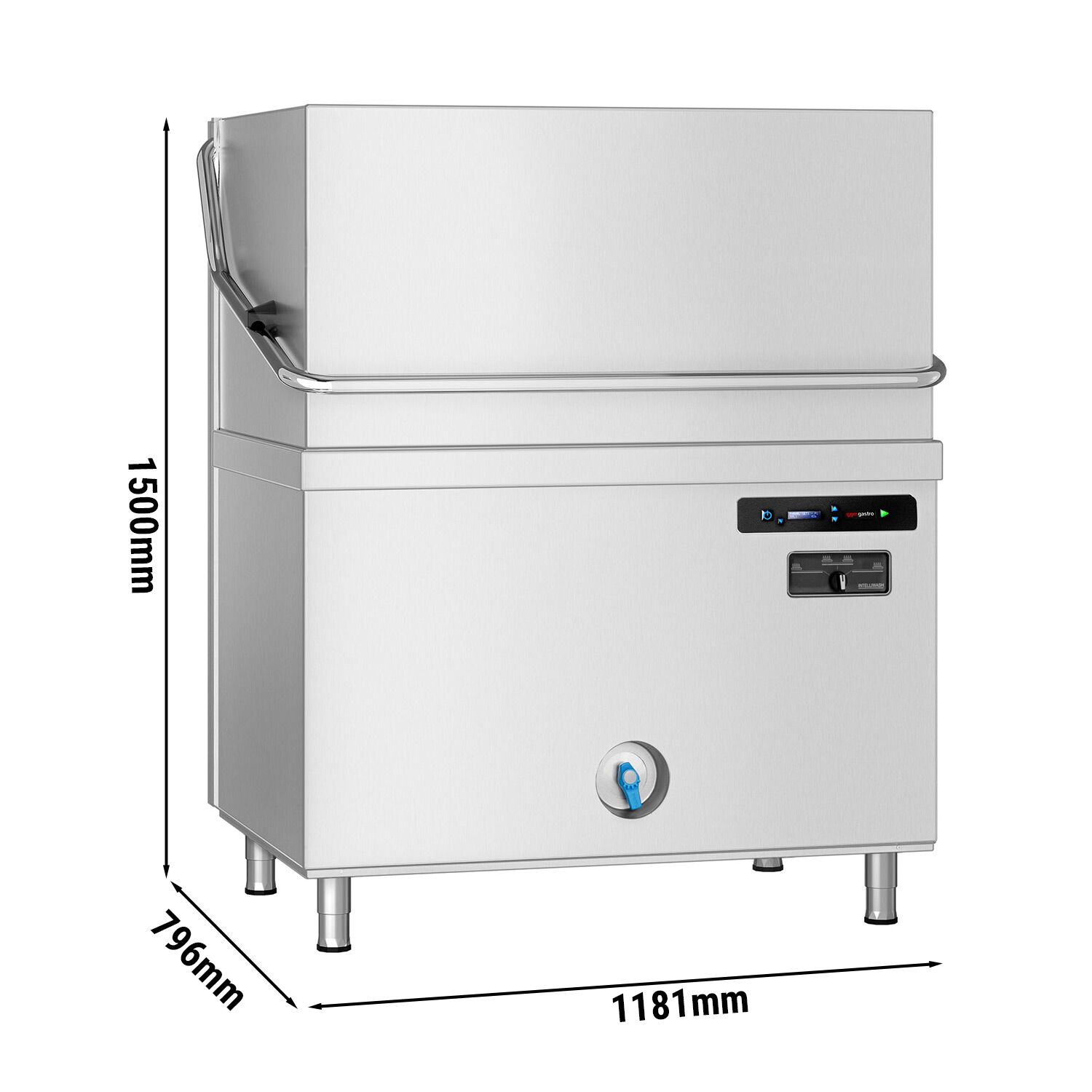 Lave-vaisselle à capot double paroi avec double panier traversant – Numérique – 22,2 kW – avec adoucisseur inclus – avec pompe de détergent, de rinçage et de vidange