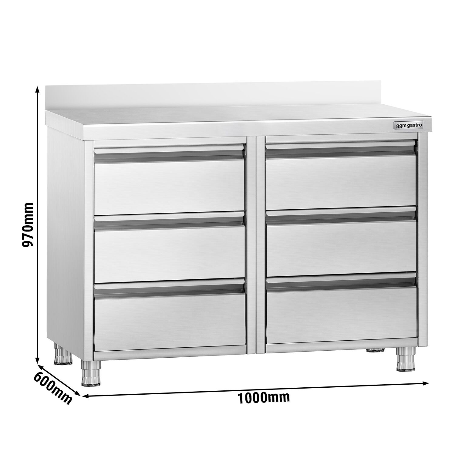 Meuble bas à tiroirs PREMIUM - Acier inoxydable - avec 6 tiroirs & dosseret 100mm - 1000x600mm