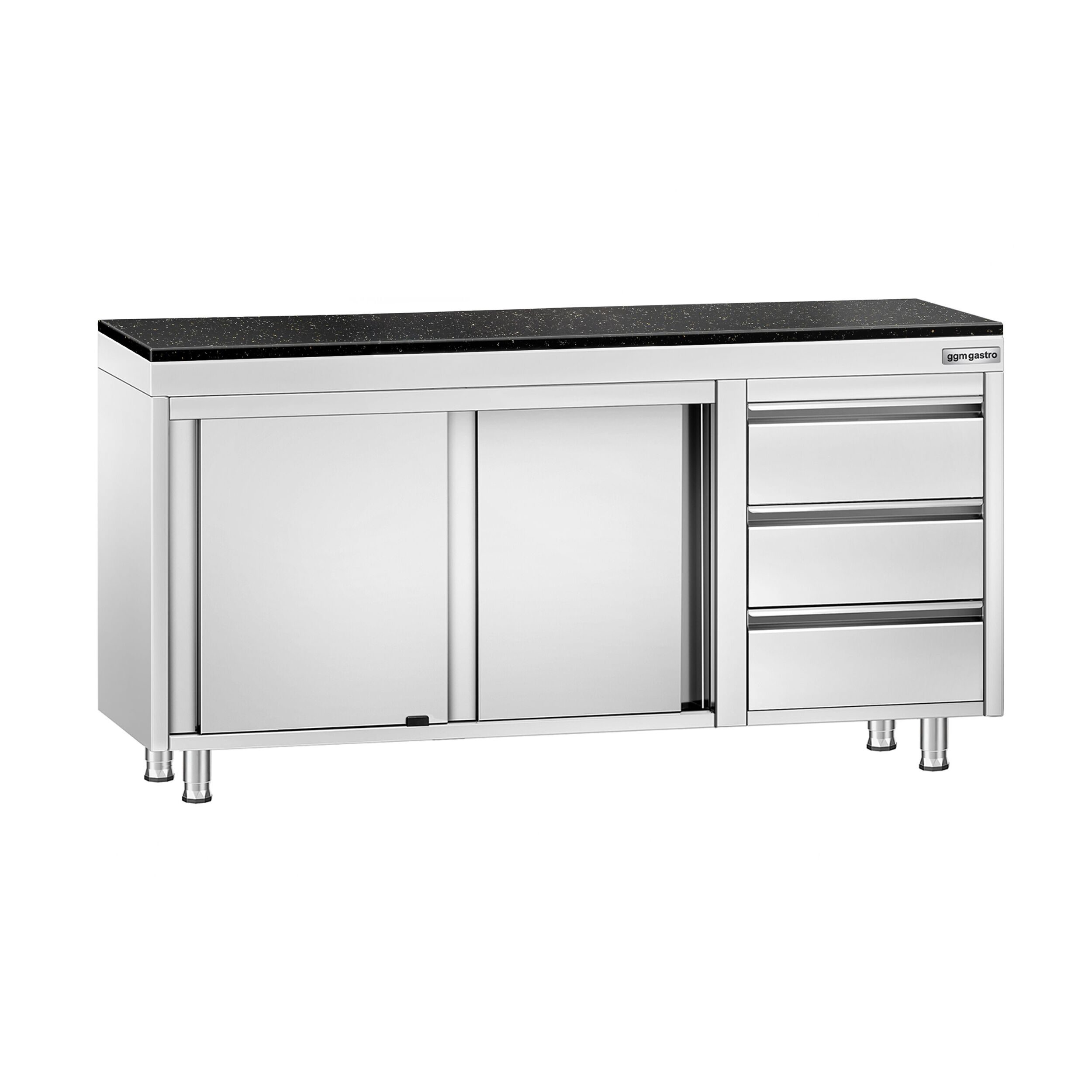 Edelstahl Arbeitsschrank PREMIUM - 1600x600mm - mit 3 Schubladen rechts - inkl. Granitarbeitsplatte