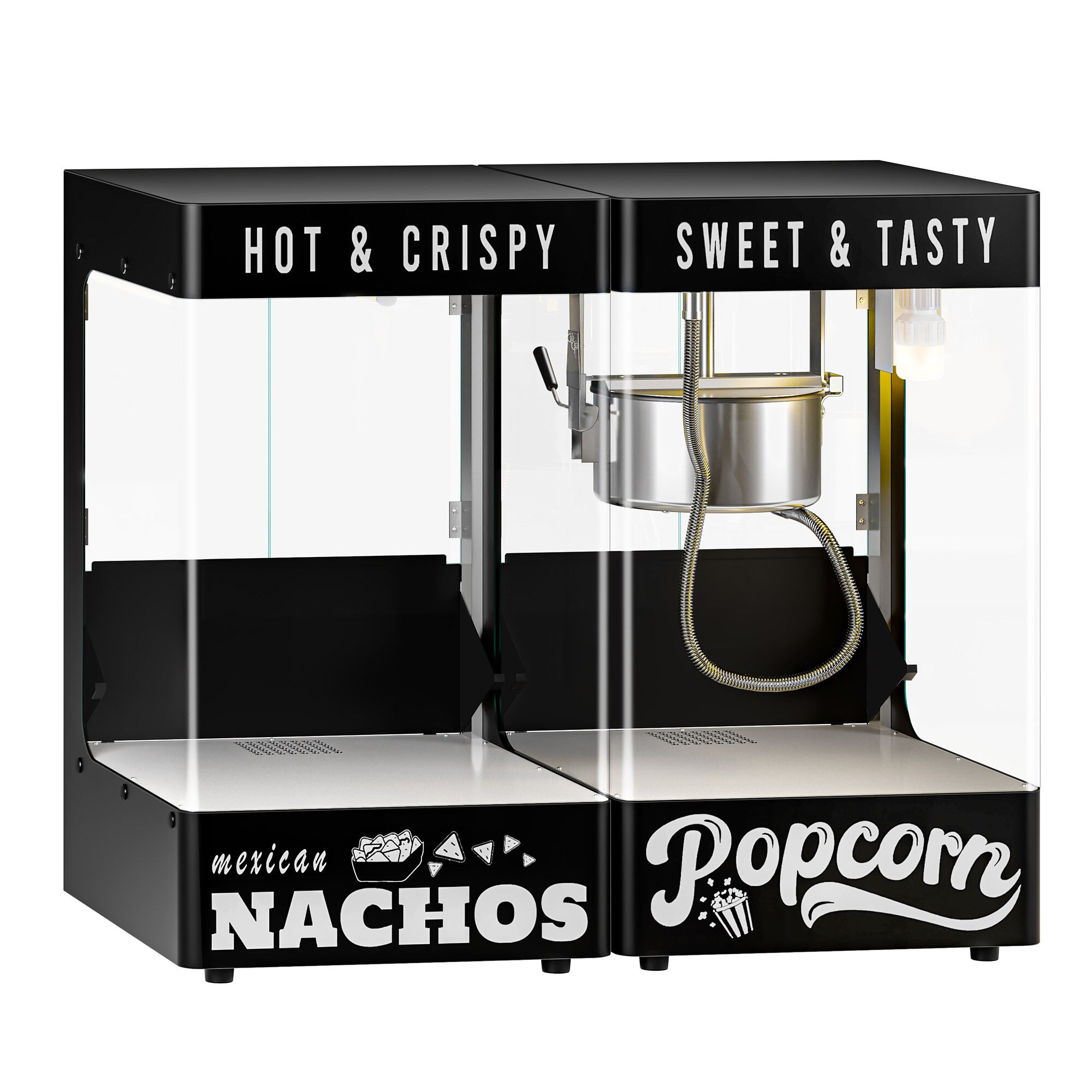 Machine à popcorn avec chauffe-nachos / chauffe-chips - 1,31 kW - 5 kg/h - avec 1 cuve - Noir