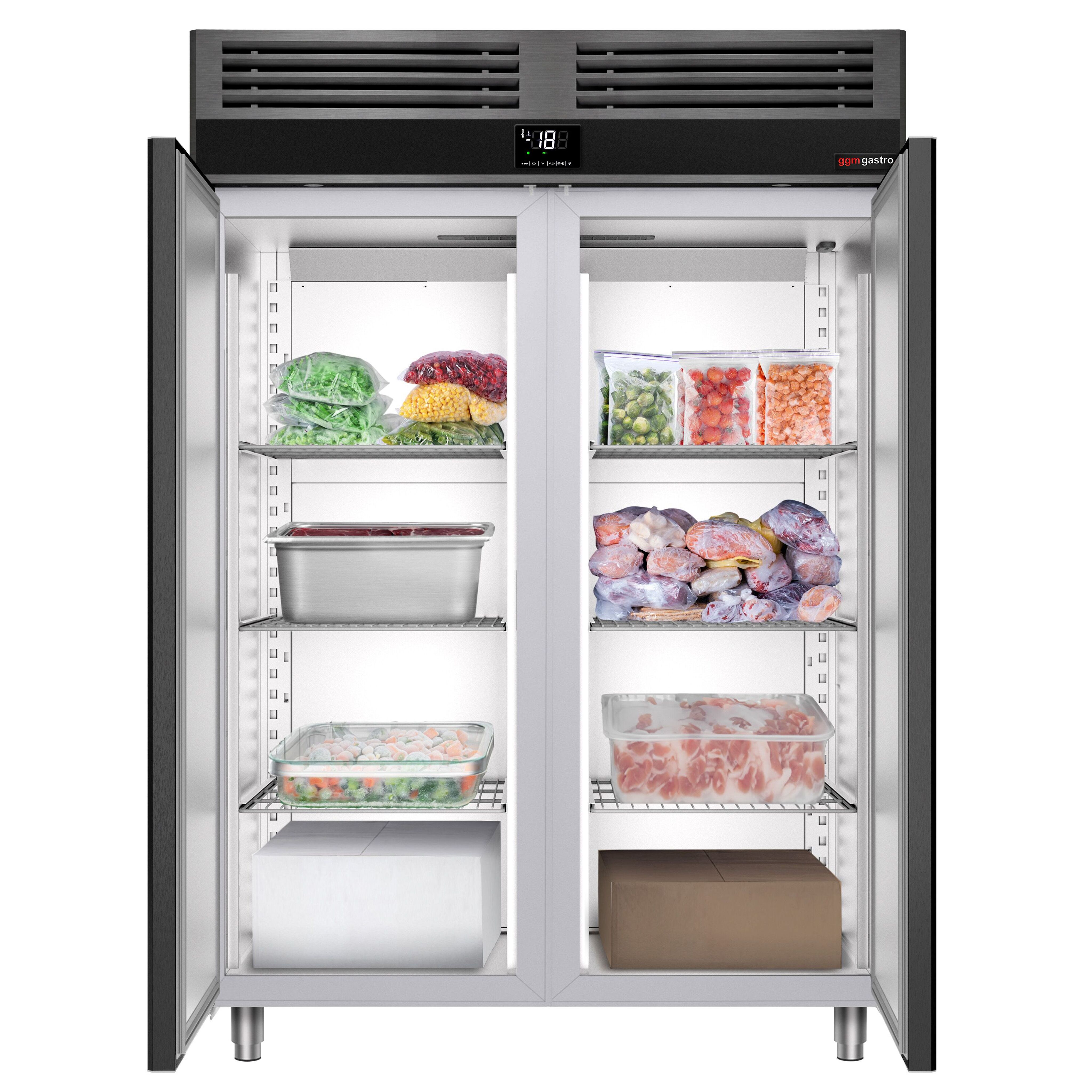 Armoire réfrigérée négative en acier inoxydable AISI 430 PREMIUM - GN 2/1 - 1400 L - avec 2 portes vitrées & Glissières & 6 grilles - Anthracite