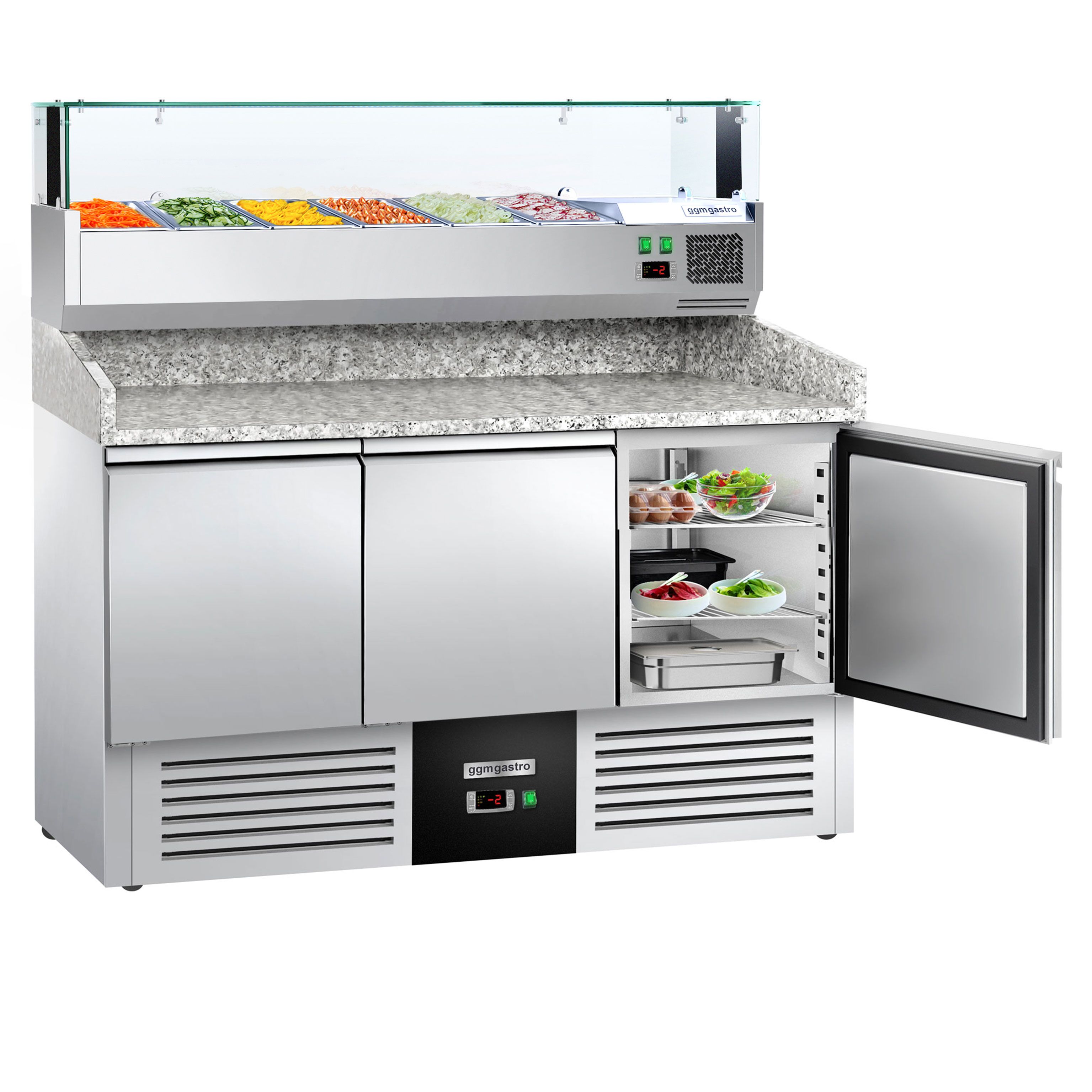 Table réfrigérée pour pizza PREMIUM - 1400 x 700 mm - 3 portes - incl. vitrine réfrigérée - 6 x GN 1/4