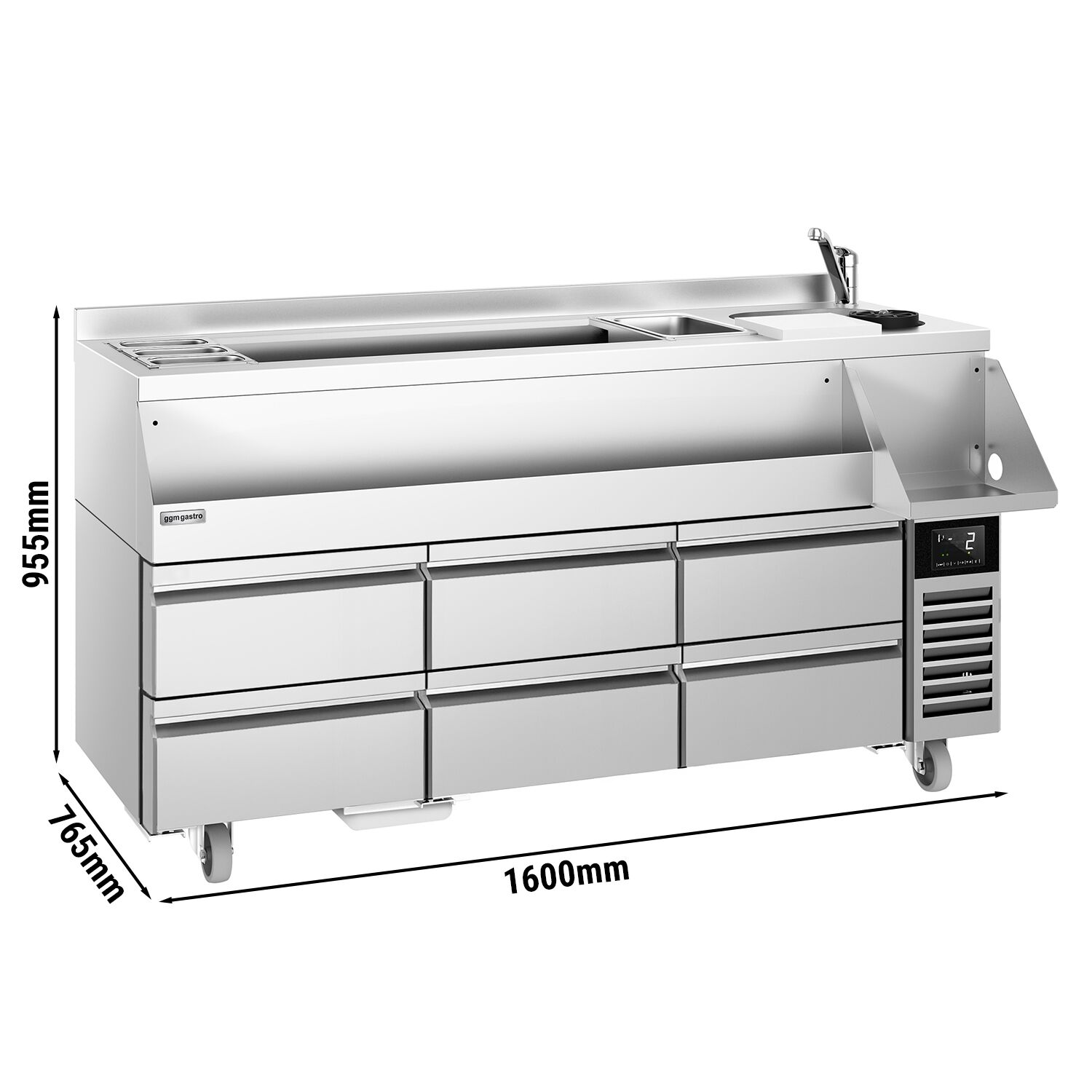 Table réfrigérée de bar pour cocktails et boissons - 1600 mm - 235 litres - 6 tiroirs & prise 230 V