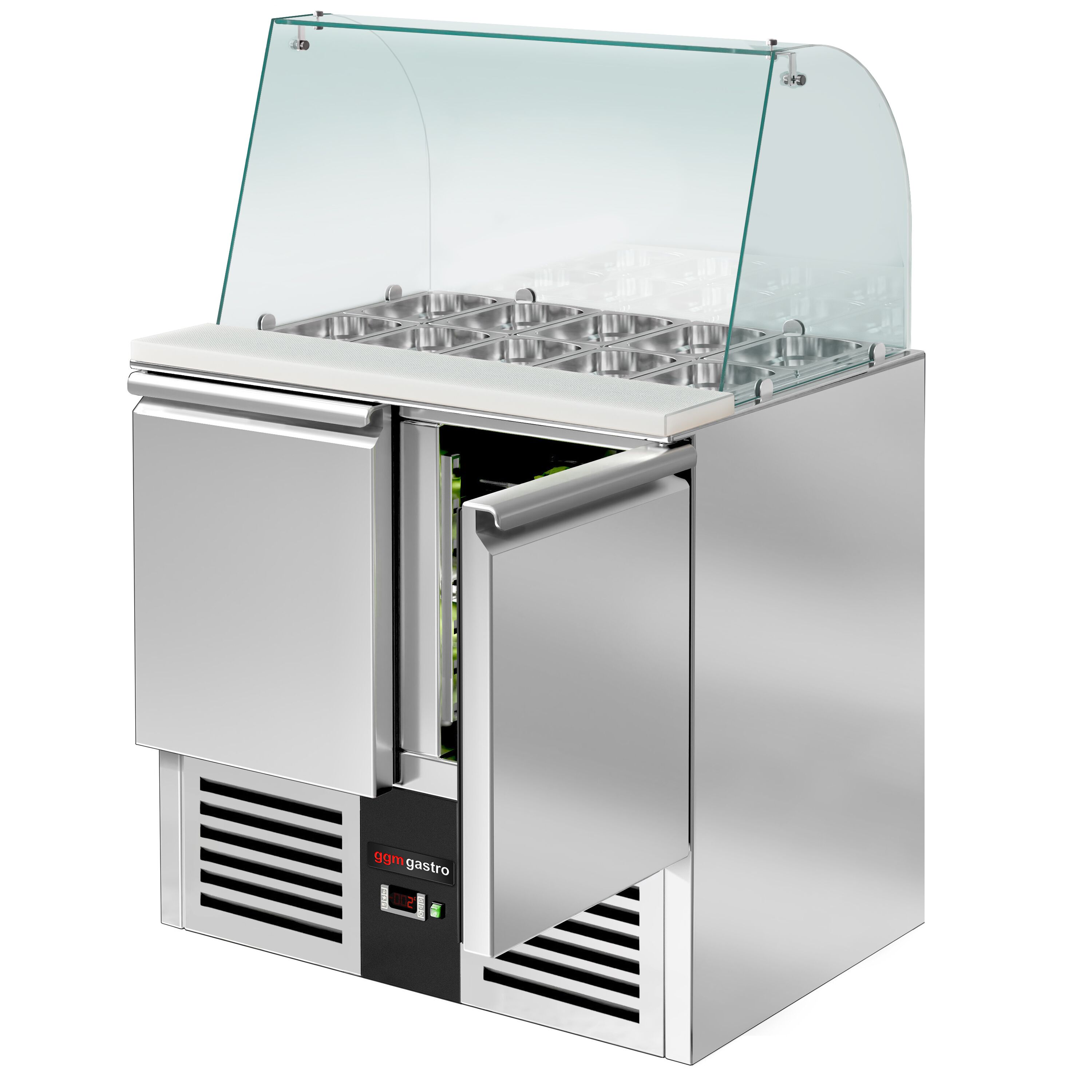 Saladette réfrigérée PREMIUM - 900mm - 240L - 2 portes - avec vitrine de comptoir pour 2x GN 1/1 & 3x GN 1/6