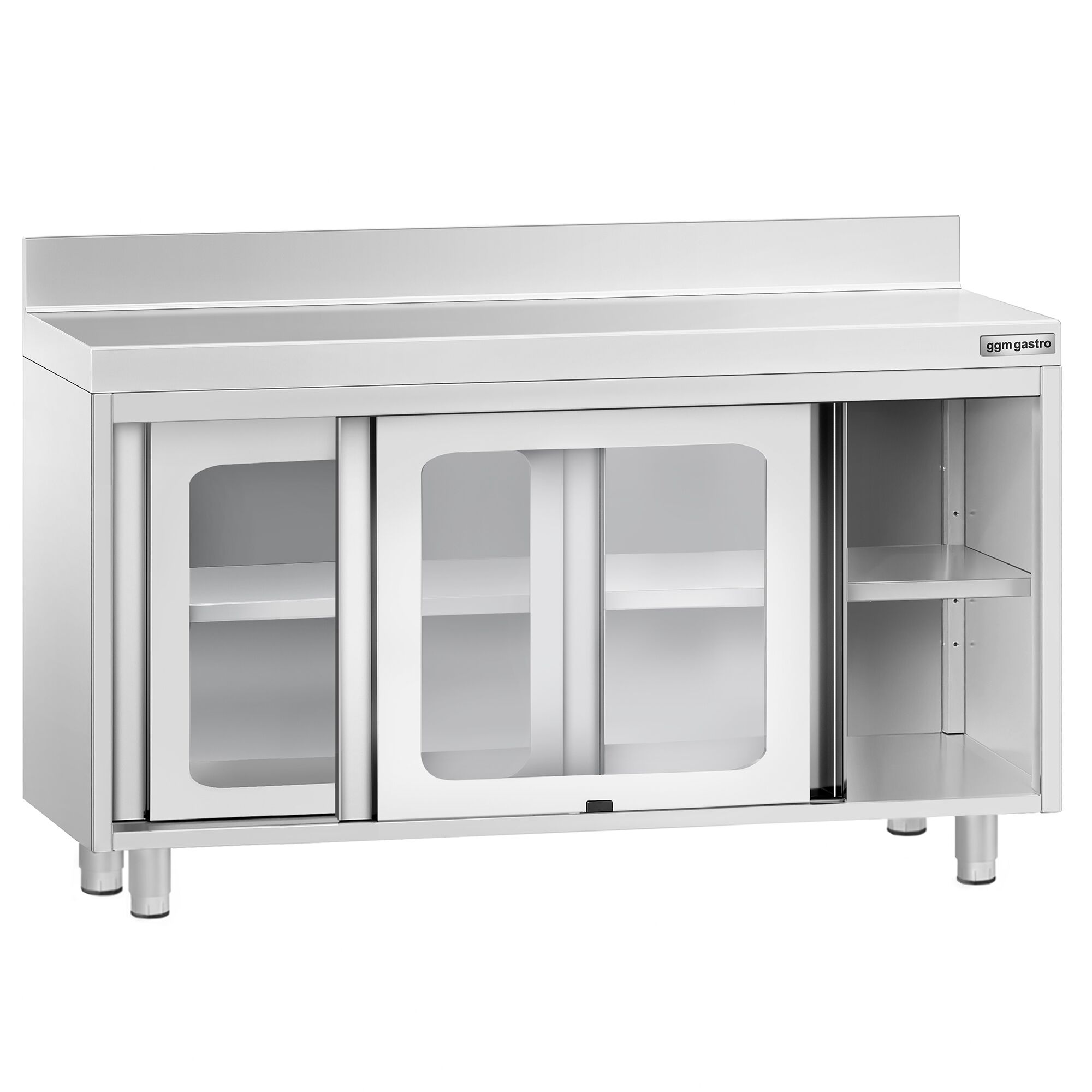 Table armoire en acier inoxydable PREMIUM - 1200x700mm - avec portes coulissantes vitrées - avec dosseret