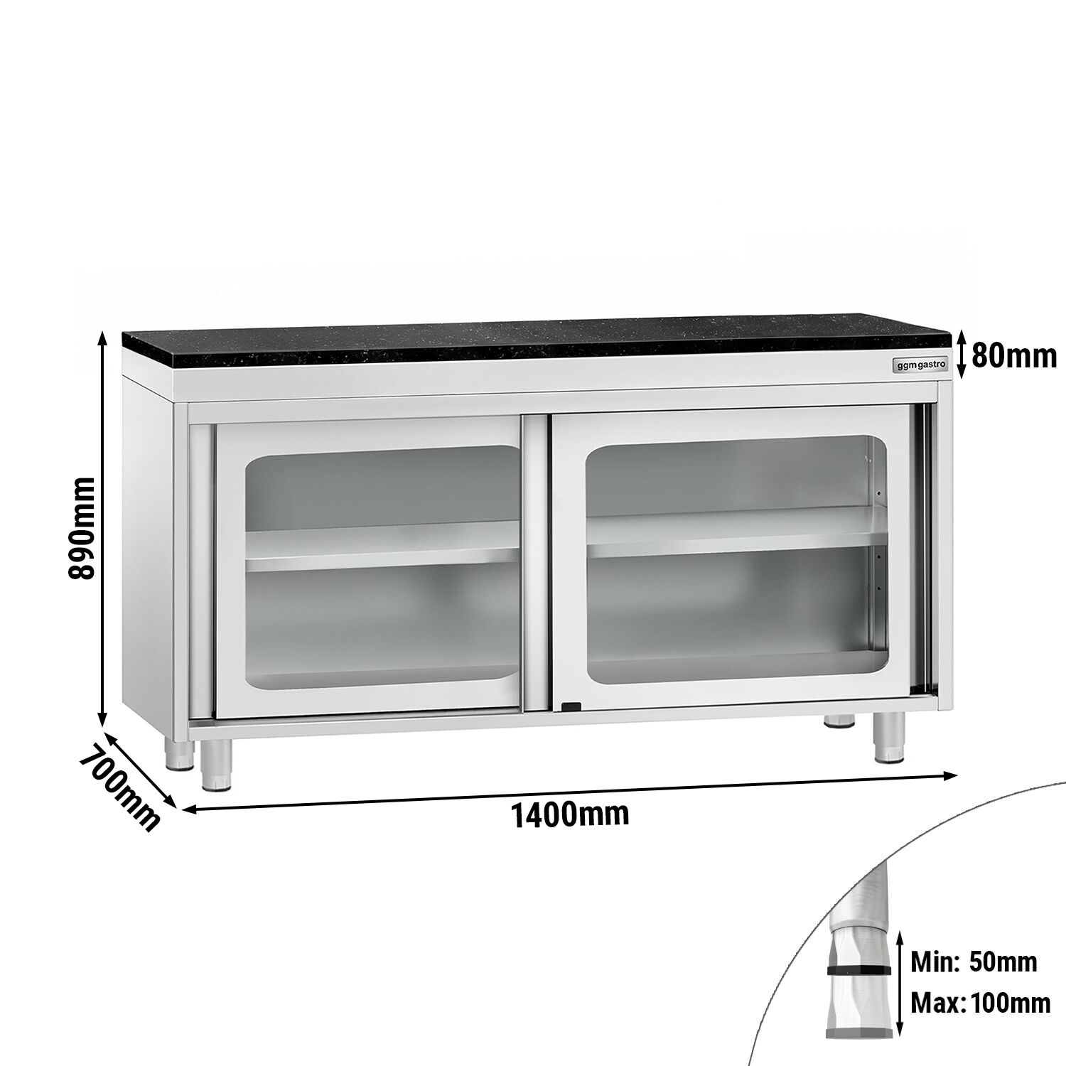 Edelstahl Arbeitsschrank PREMIUM - 1400x700mm - mit Glasschiebetür - inkl. Granitarbeitsplatte