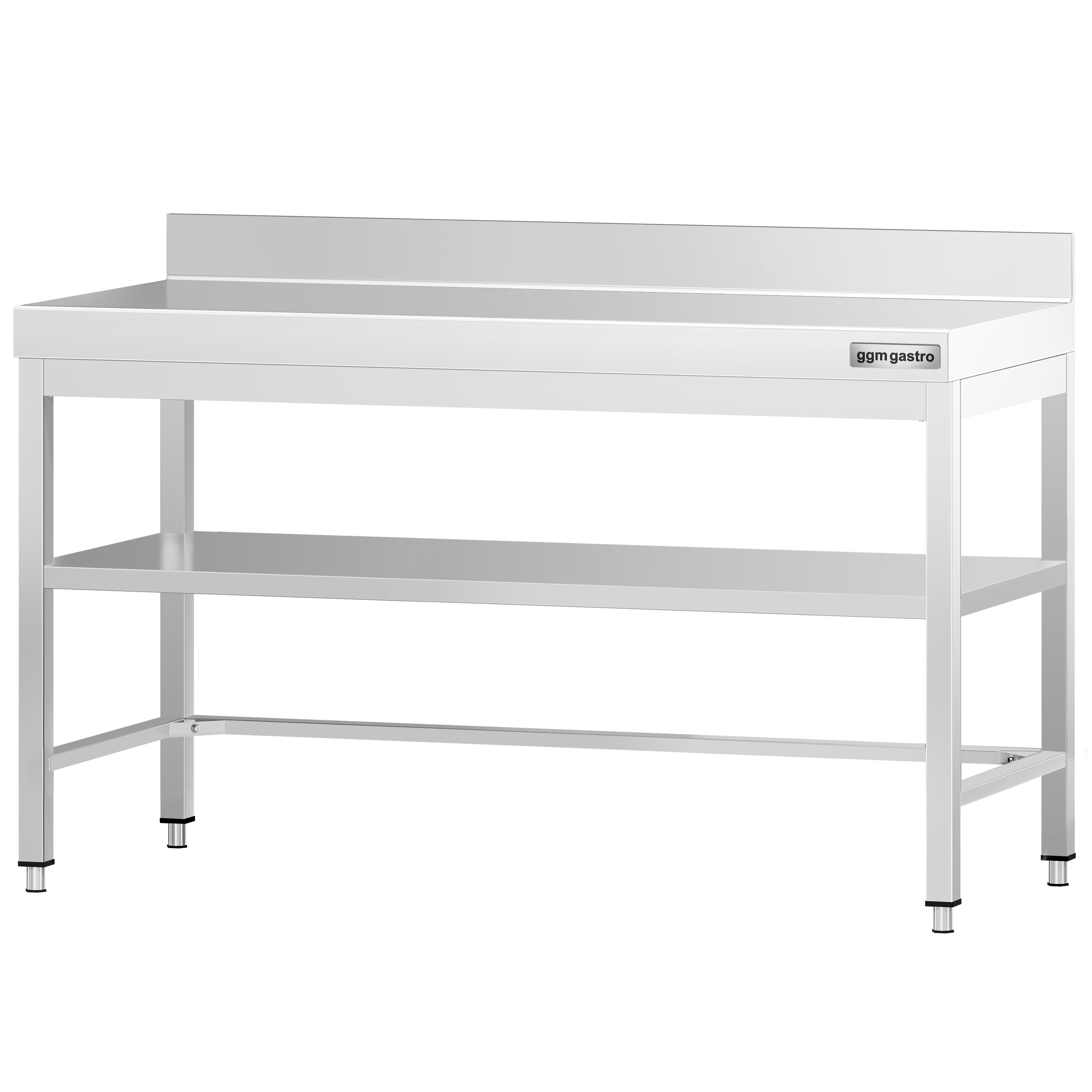 Table de travail en inox PREMIUM – 1500x700 mm – avec tablette inférieure, dosseret et renforts