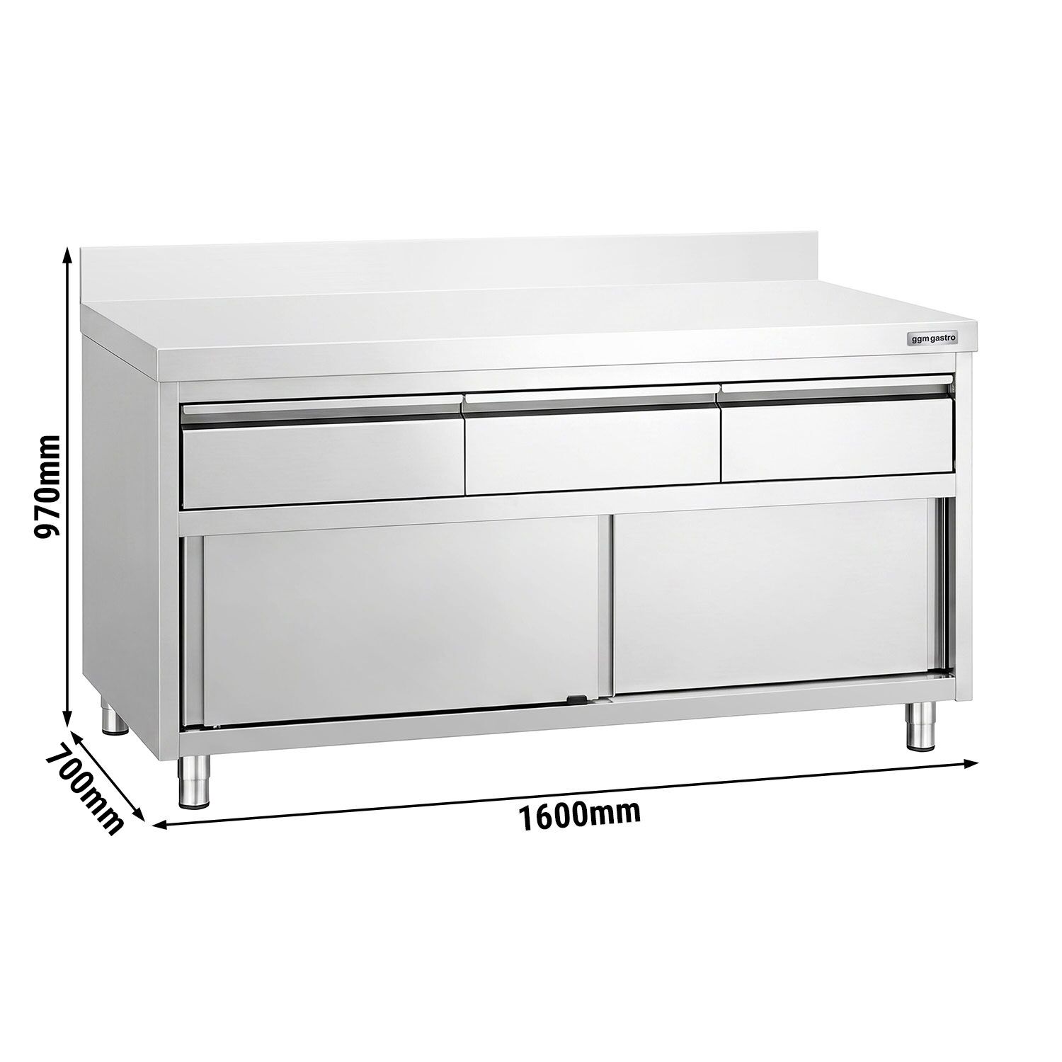 Roestvrijstalen werkkast PREMIUM - 1600 x 700 mm - met 3 lades en opstaande rand