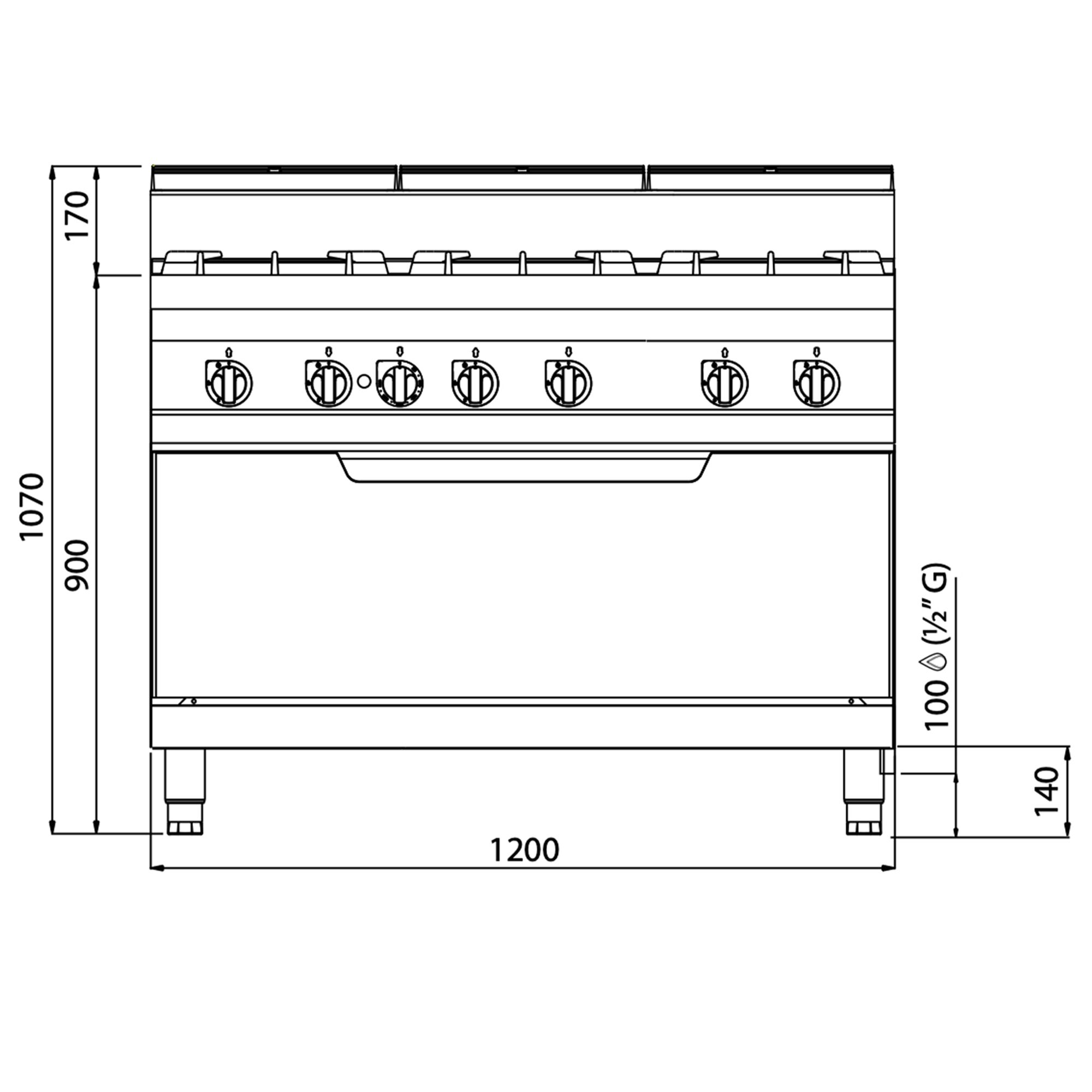 Fourneau à gaz – 42 kW – 6 brûleurs – avec four à gaz statique – 12 kW – modèle haute performance