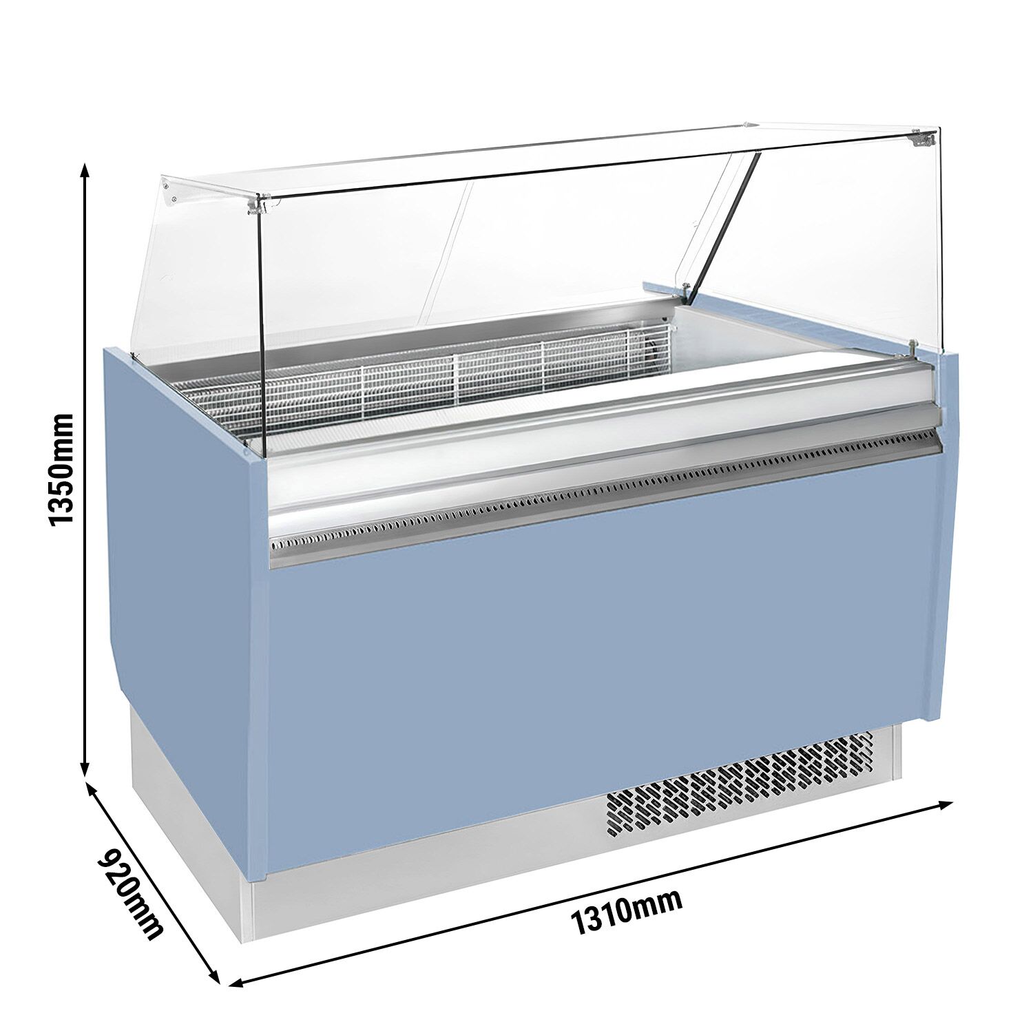 Vitrine à glace LIAM – 1310 mm – refroidissement statique – pour 10+10 bacs à glace de 5 litres – Bleu clair