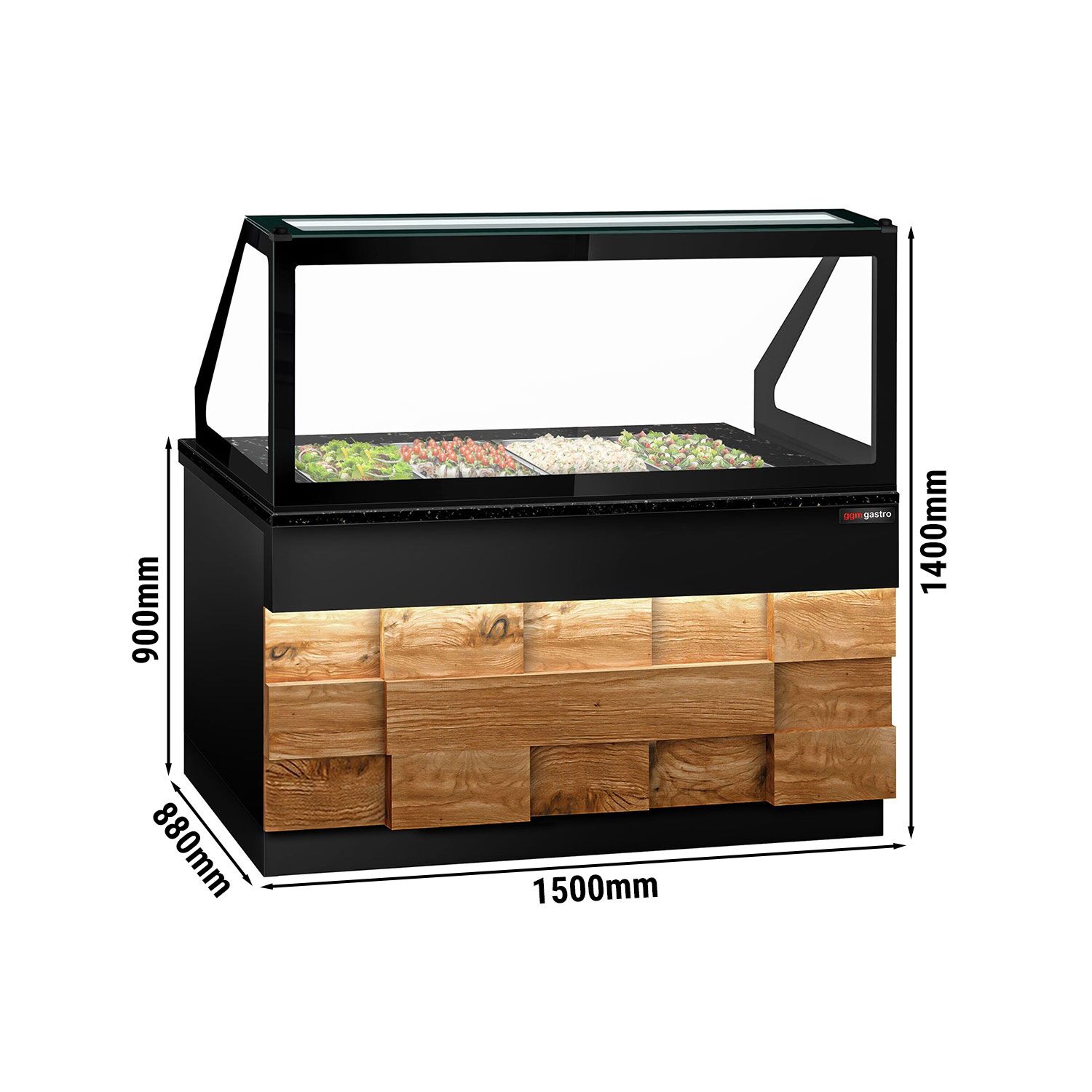 Saladette réfrigérée - 1500mm - façade décor bois naturel - 2 portes - avec vitrine de comptoir pour 4x GN 1/1 & 1 étagère - plan de travail en granit noir
