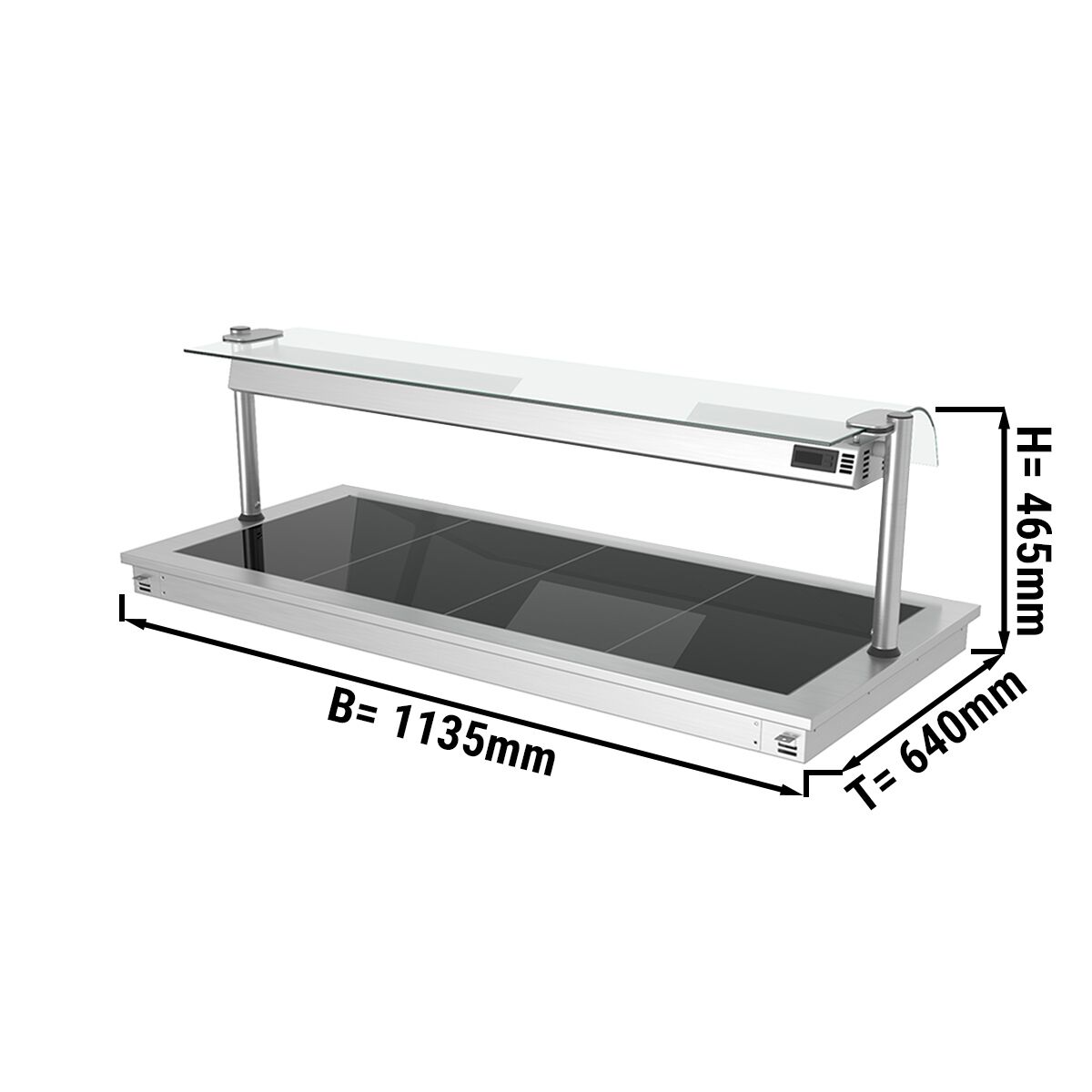 De embutir Mesa de buffet quente PROFISSIONAL com placa vitrocerâmica em aço inoxidável - 1500mm - 4x GN 1/1 - 1,8kW - com resguardo de vidro contra salpicos