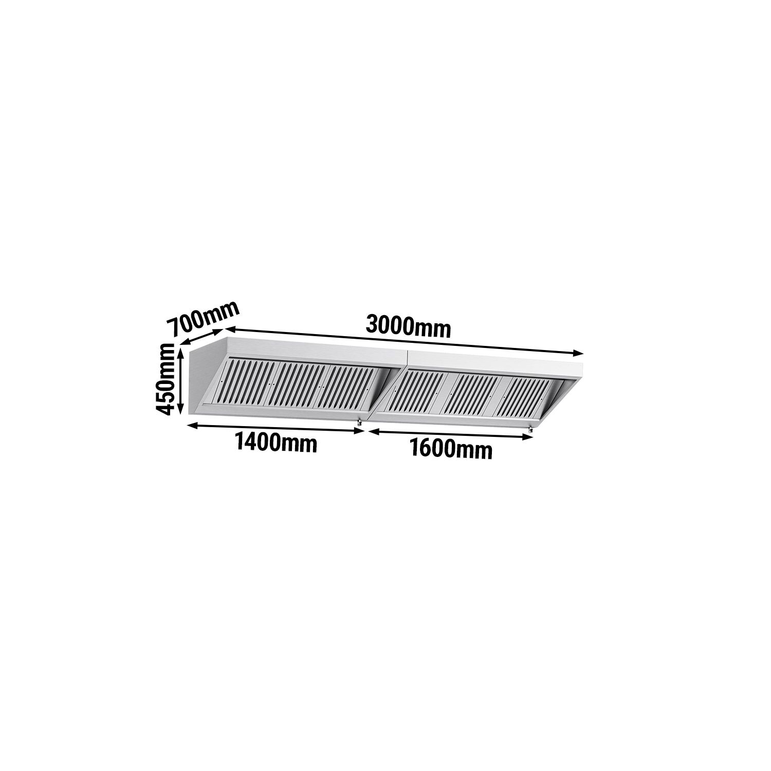 Fali elszívóernyő - 3000 mm - 700 mm mély - Labirintszűrő és világítás - motor nélkül