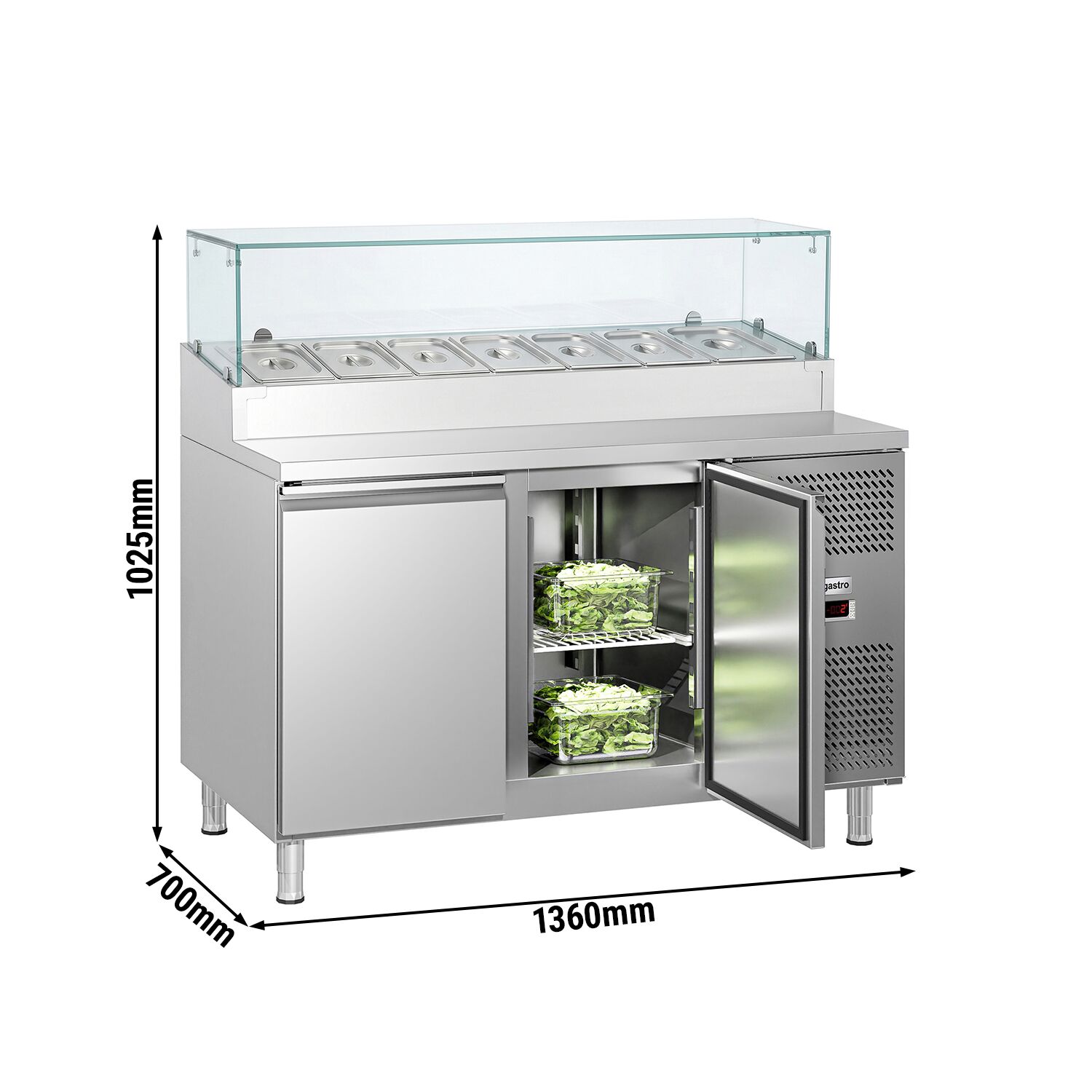 Zubereitungstisch ECO - 1360mm - 2 Türen - mit Glasaufsatz - für 7x GN 1/3