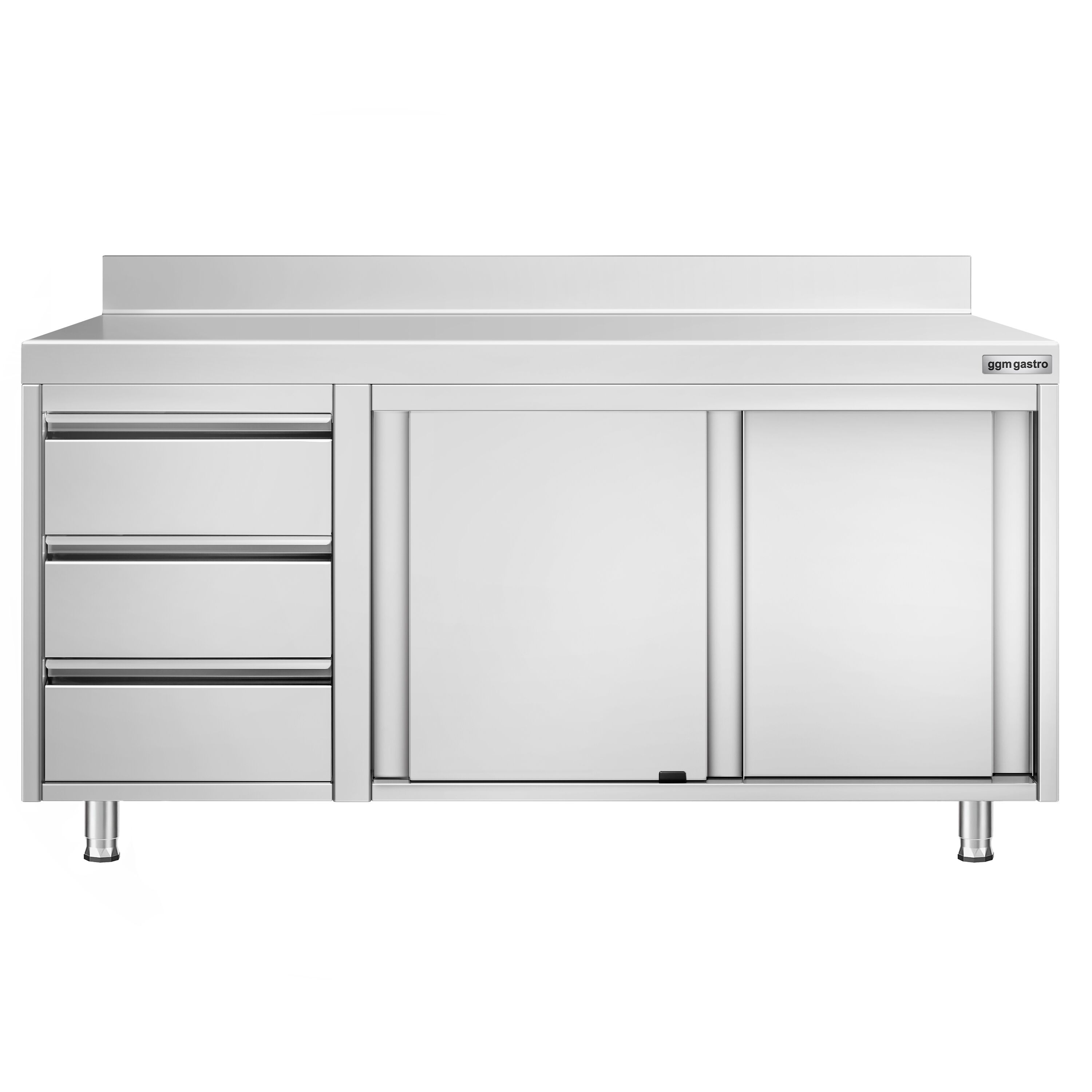 Table armoire en acier inoxydable PREMIUM - 1600x600mm - avec portes coulissantes et 3 tiroirs à gauche - avec dosseret