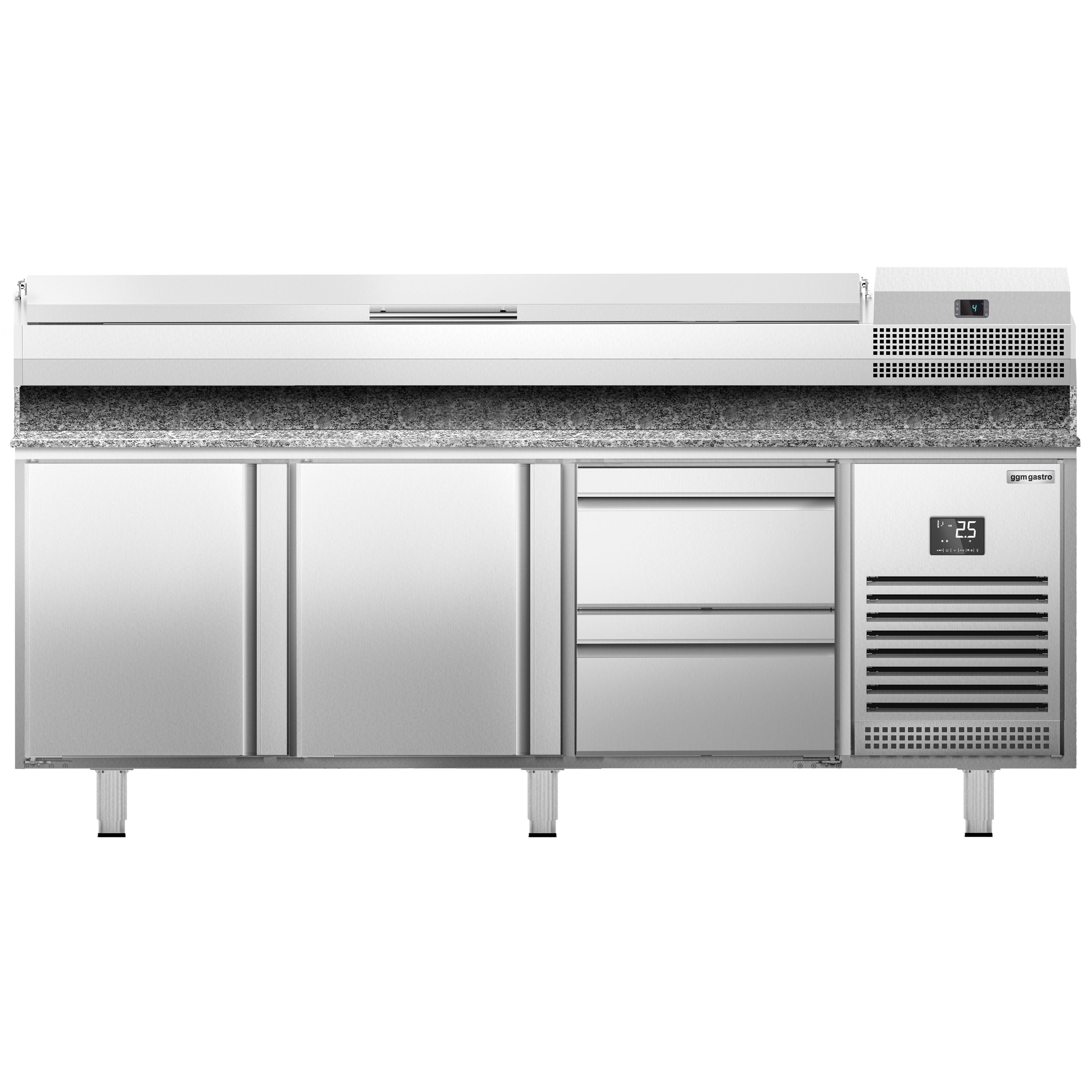 Table réfrigérée à pizza Premium PLUS - 1980x700 mm - avec 2 portes & 2 tiroirs - incl. vitrine réfrigérée - 9x GN 1/4