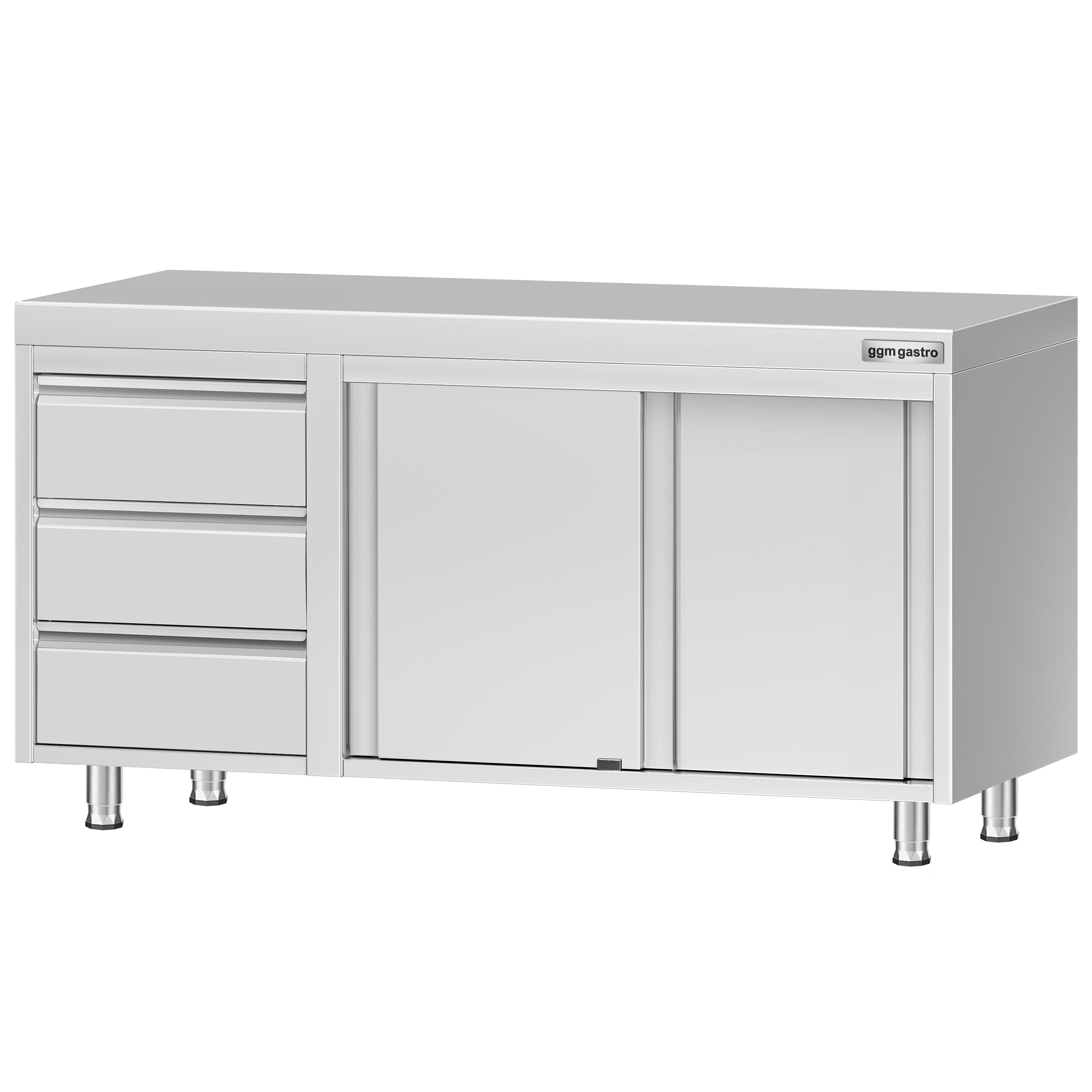 Table armoire en acier inoxydable ECO - 1400x600mm - avec 3 tiroirs à gauche et portes coulissantes et étagère basse