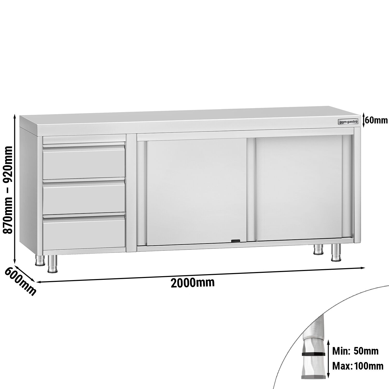 Table armoire en acier inoxydable ECO - 2000x600mm - avec 3 tiroirs à gauche et portes coulissantes