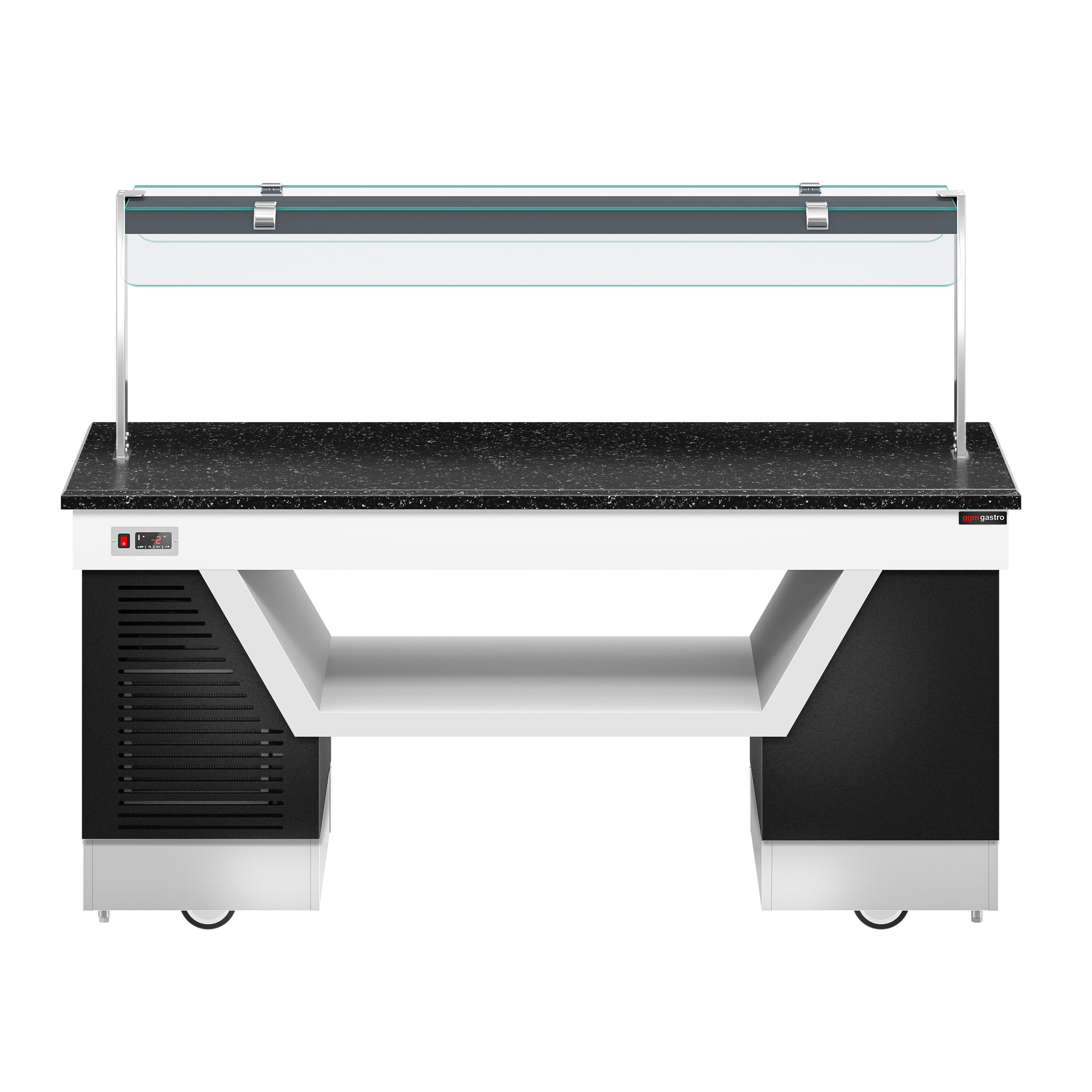 Refrigerated Salad Bar BELFAST - 2000mm - with Refrigerated Frost Top + Flat Glass Sneeze Guard - on Castors - Black