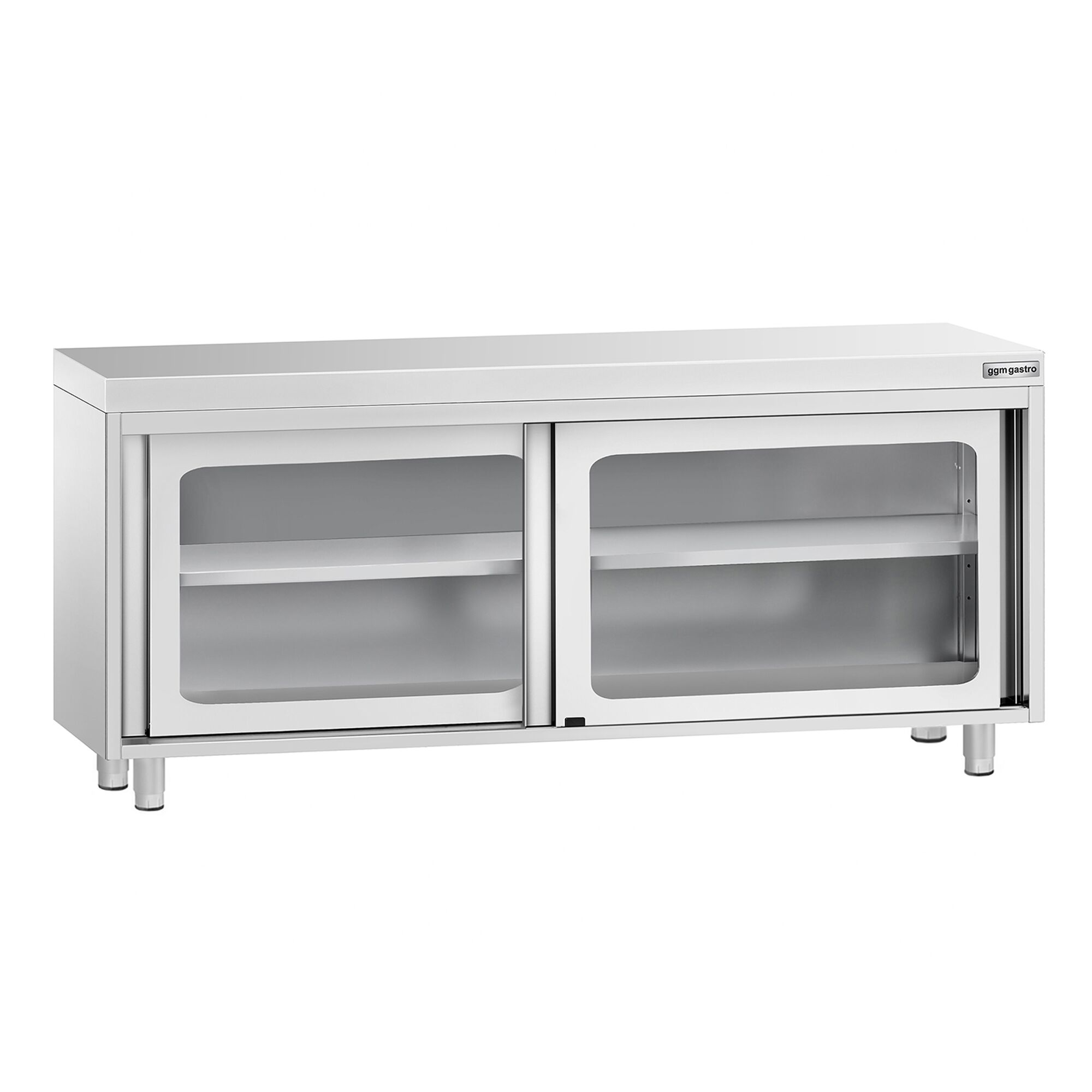 Table armoire en acier inoxydable PREMIUM - 1800x600mm - avec portes coulissantes vitrées et étagère basse