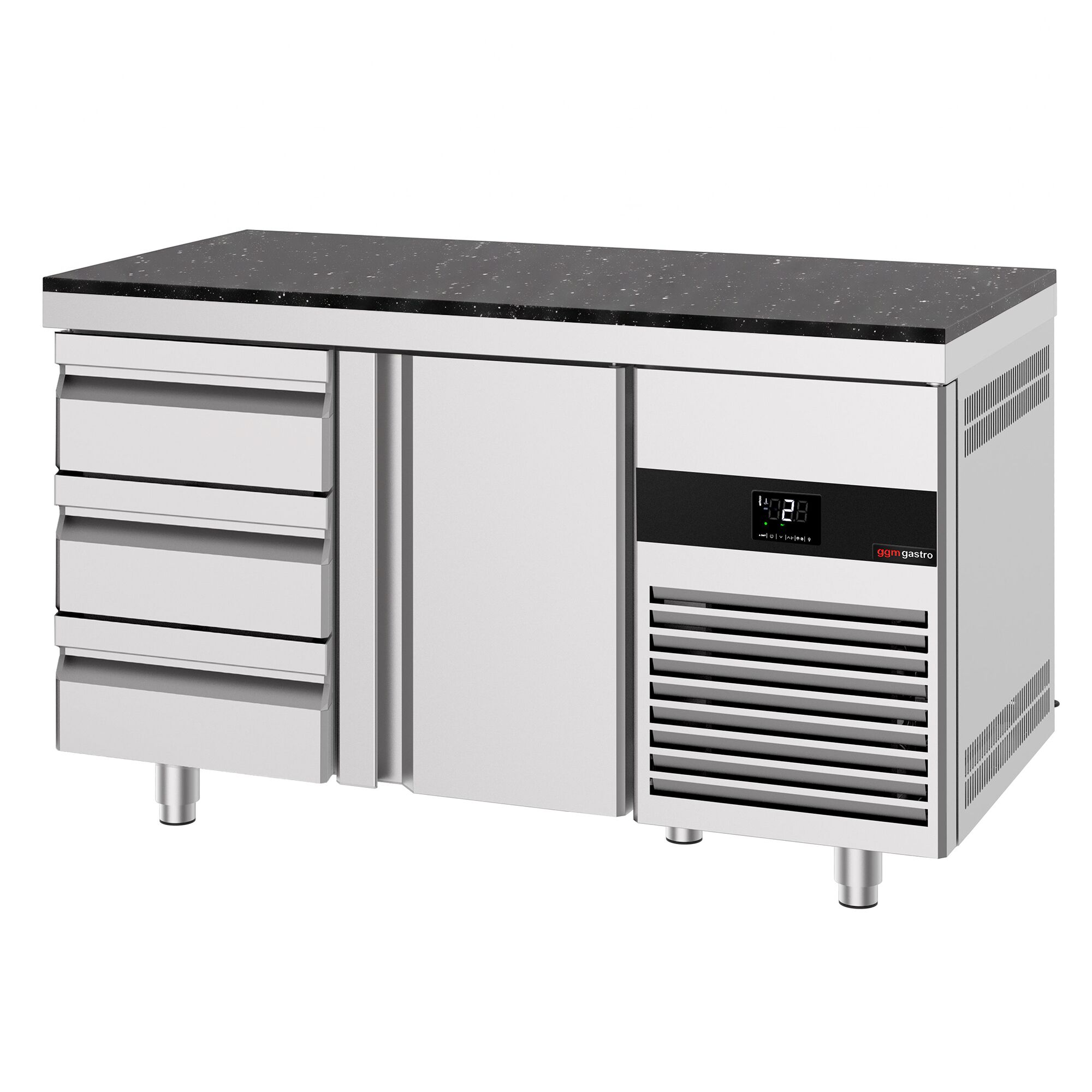 PREMIUM Refrigerated Counter – 1400 × 700 mm – with 1 Door & 3 Drawers – incl. Granite Worktop