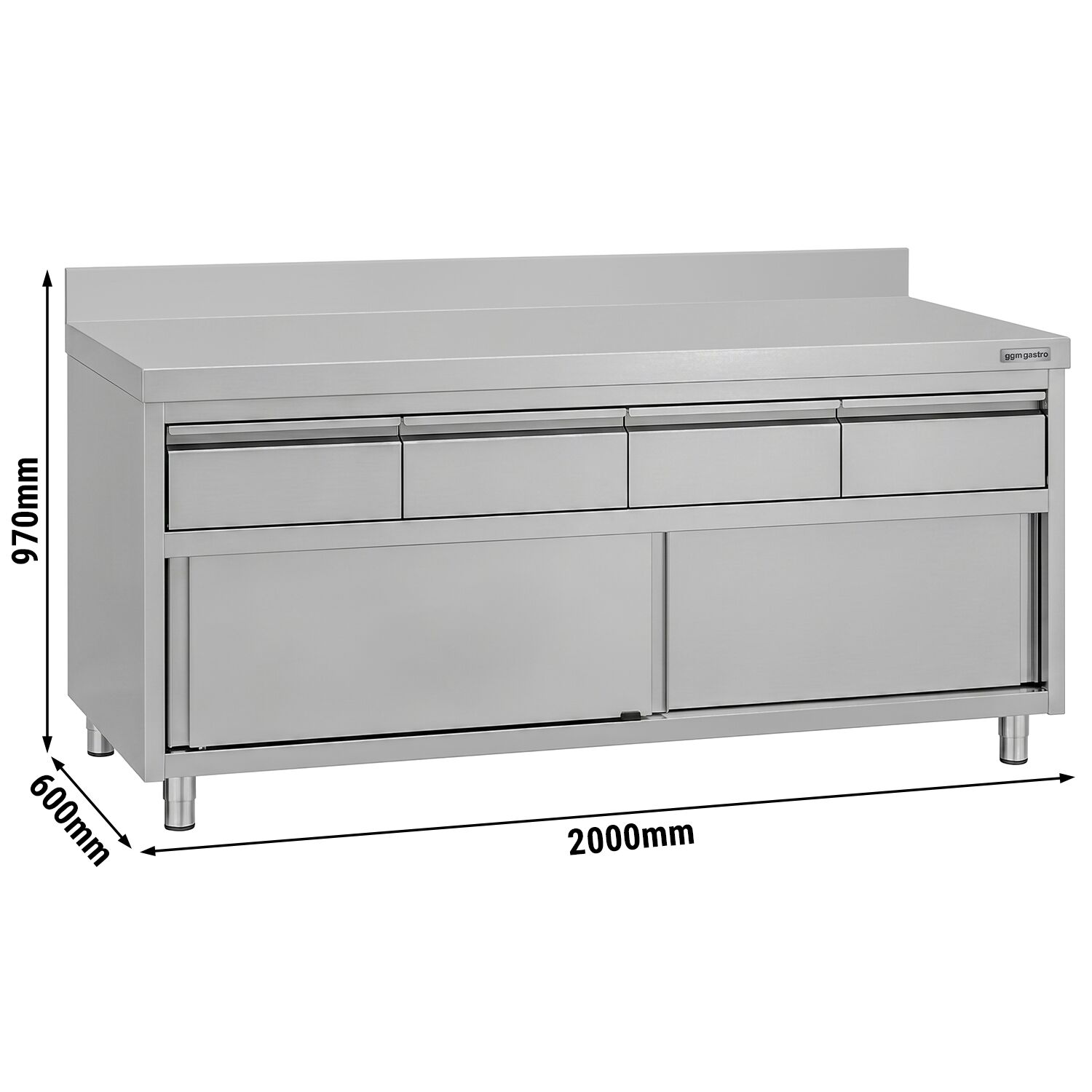 Armoire de travail en acier inoxydable ECO - 2000 x 600 mm - avec rebord - avec 4 tiroirs et une porte coulissante