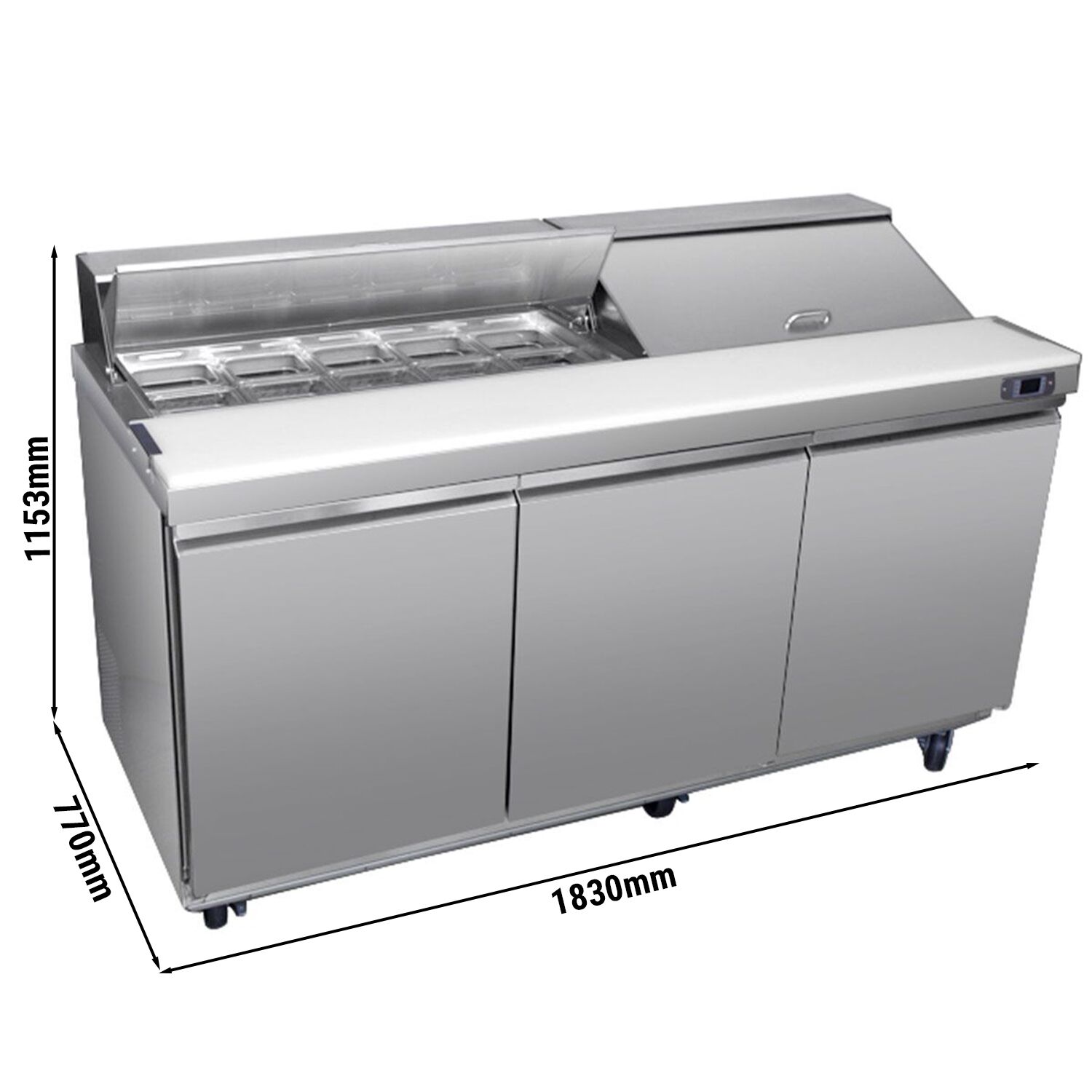 Saladette réfrigérée PREMIUM - 1830mm - 3 portes - avec découpe pour 18x GN 1/6 & Couvercle inox - incl. 18x conteneurs GN 1/6